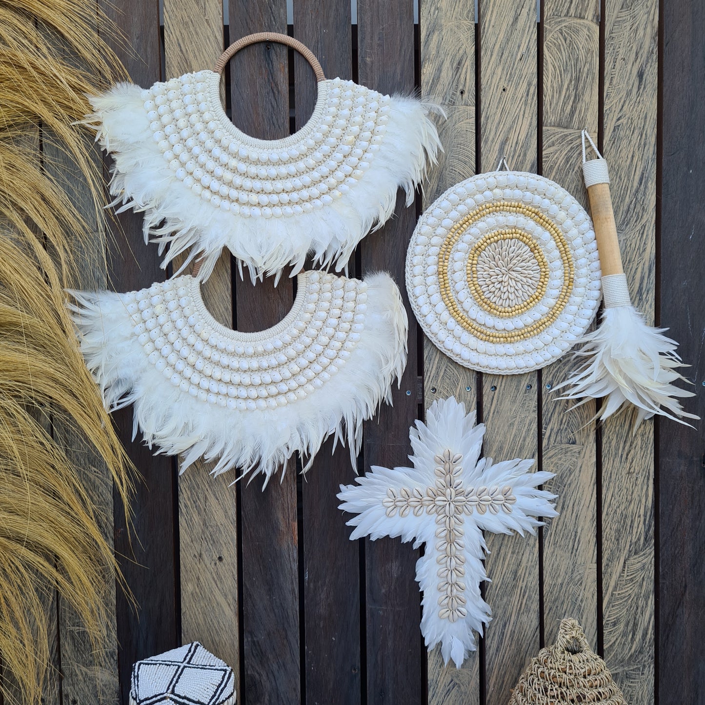 Wall installation 5 items palm leaf rafia juju wall decor decals wall hangings designe bali decor boho baskets wicker catolic