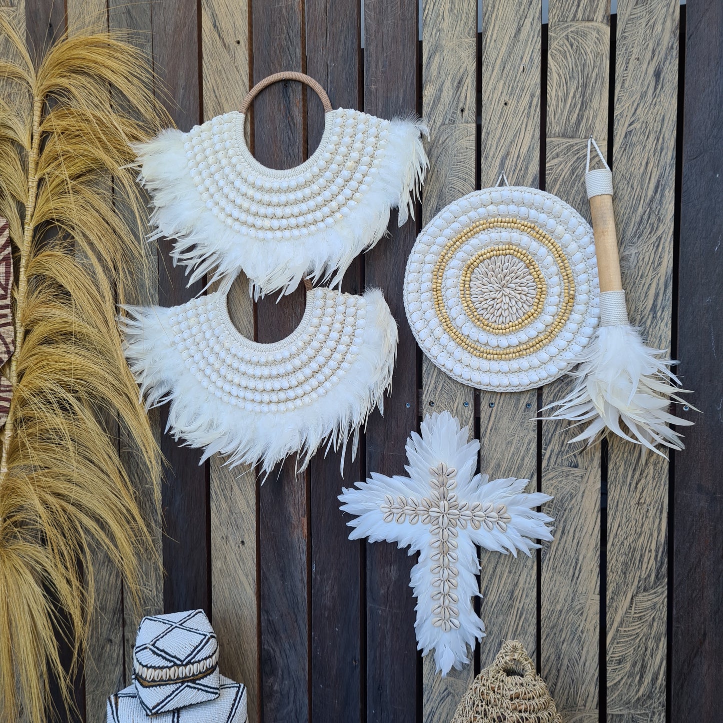 Wall installation 5 items palm leaf rafia juju wall decor decals wall hangings designe bali decor boho baskets wicker catolic