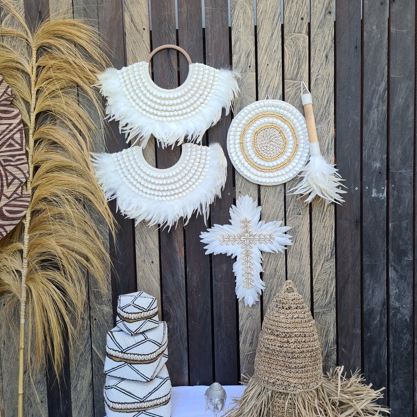 Wall installation 5 items palm leaf rafia juju wall decor decals wall hangings designe bali decor boho baskets wicker catolic