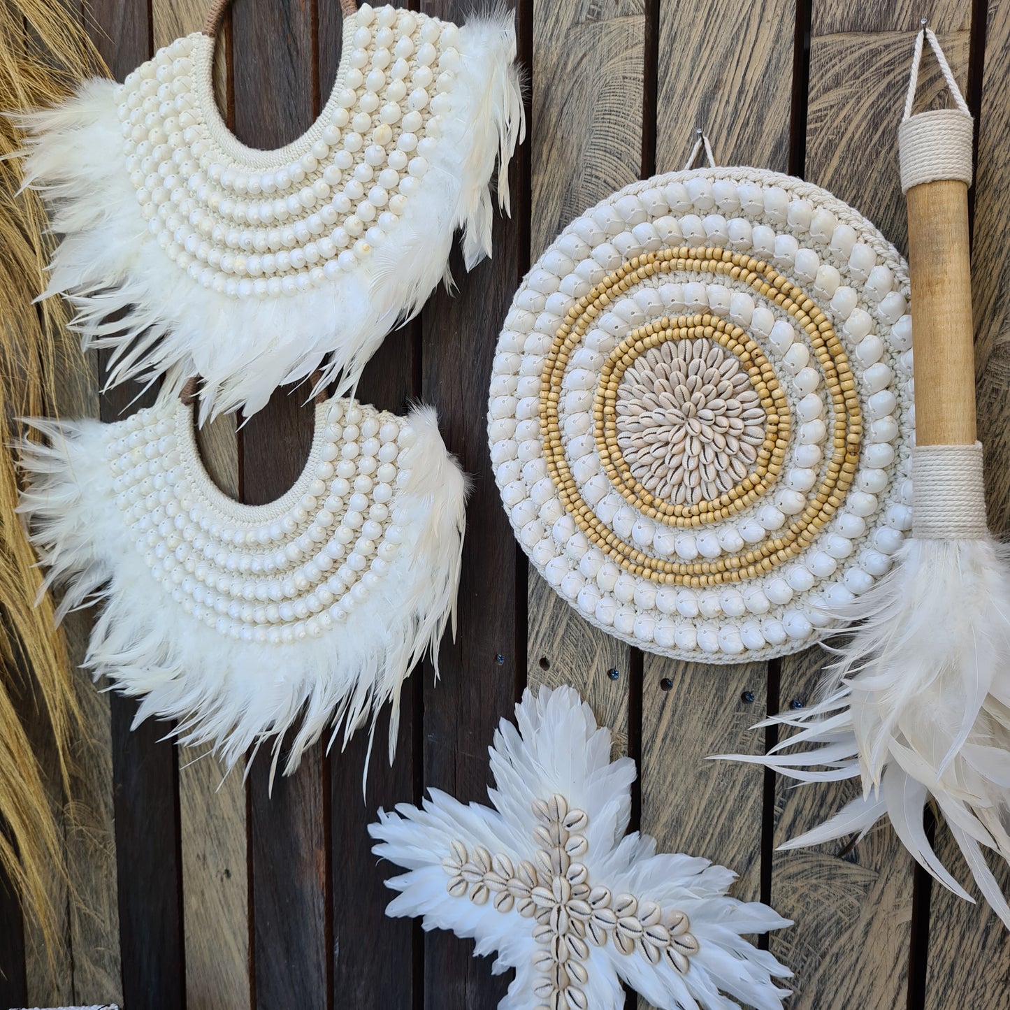 Wall installation 5 items palm leaf rafia juju wall decor decals wall hangings designe bali decor boho baskets wicker catolic