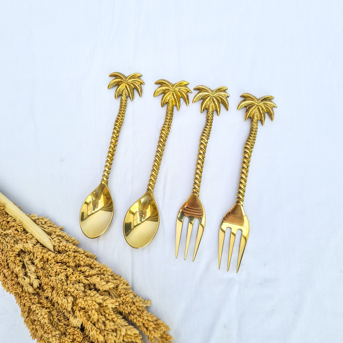 Cutlery dessert set brass palm gold fork spoon hand made