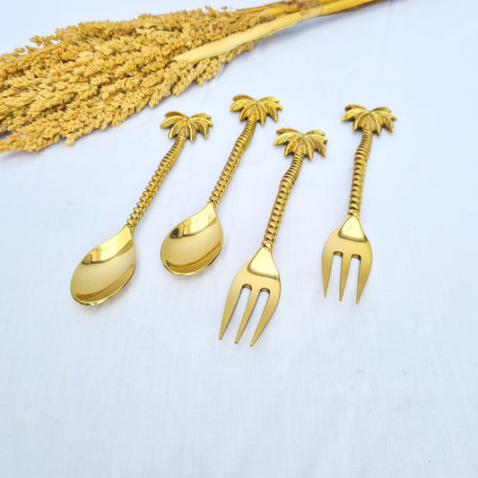Cutlery dessert set brass palm gold fork spoon hand made