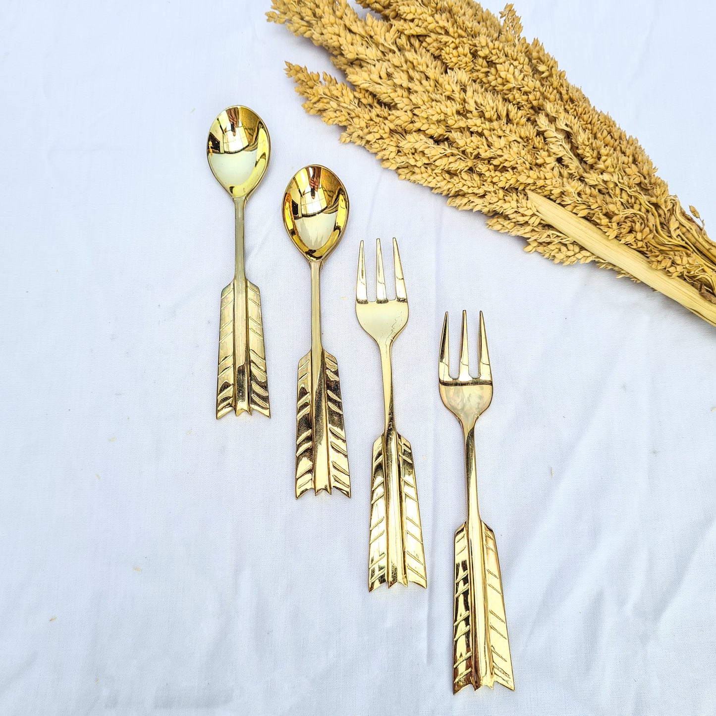Cutlery set dessert feather hand made brass eco tableware fork spoon bali flatware silverware luxury