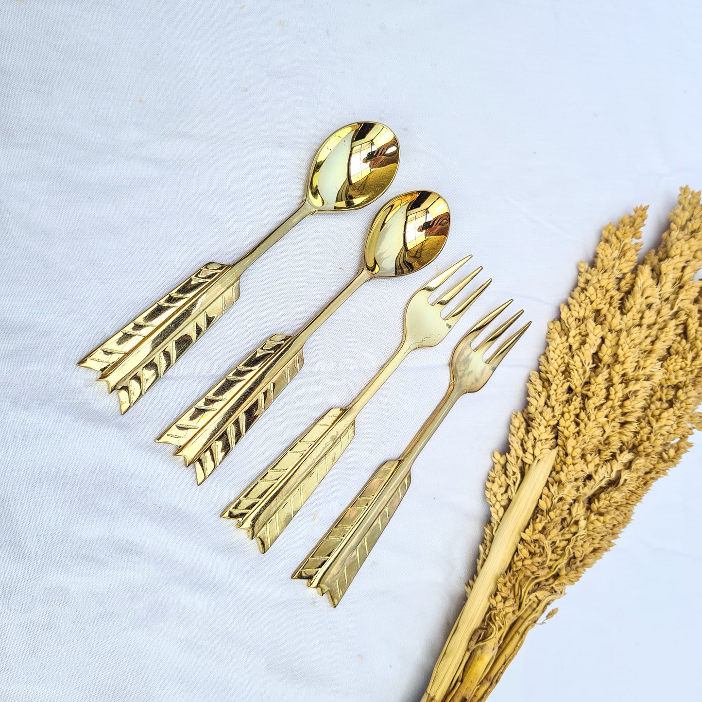 Cutlery set dessert feather hand made brass eco tableware fork spoon bali flatware silverware luxury