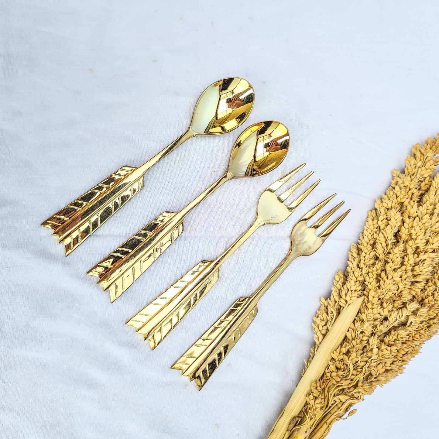 Cutlery set dessert feather hand made brass eco tableware fork spoon bali flatware silverware luxury