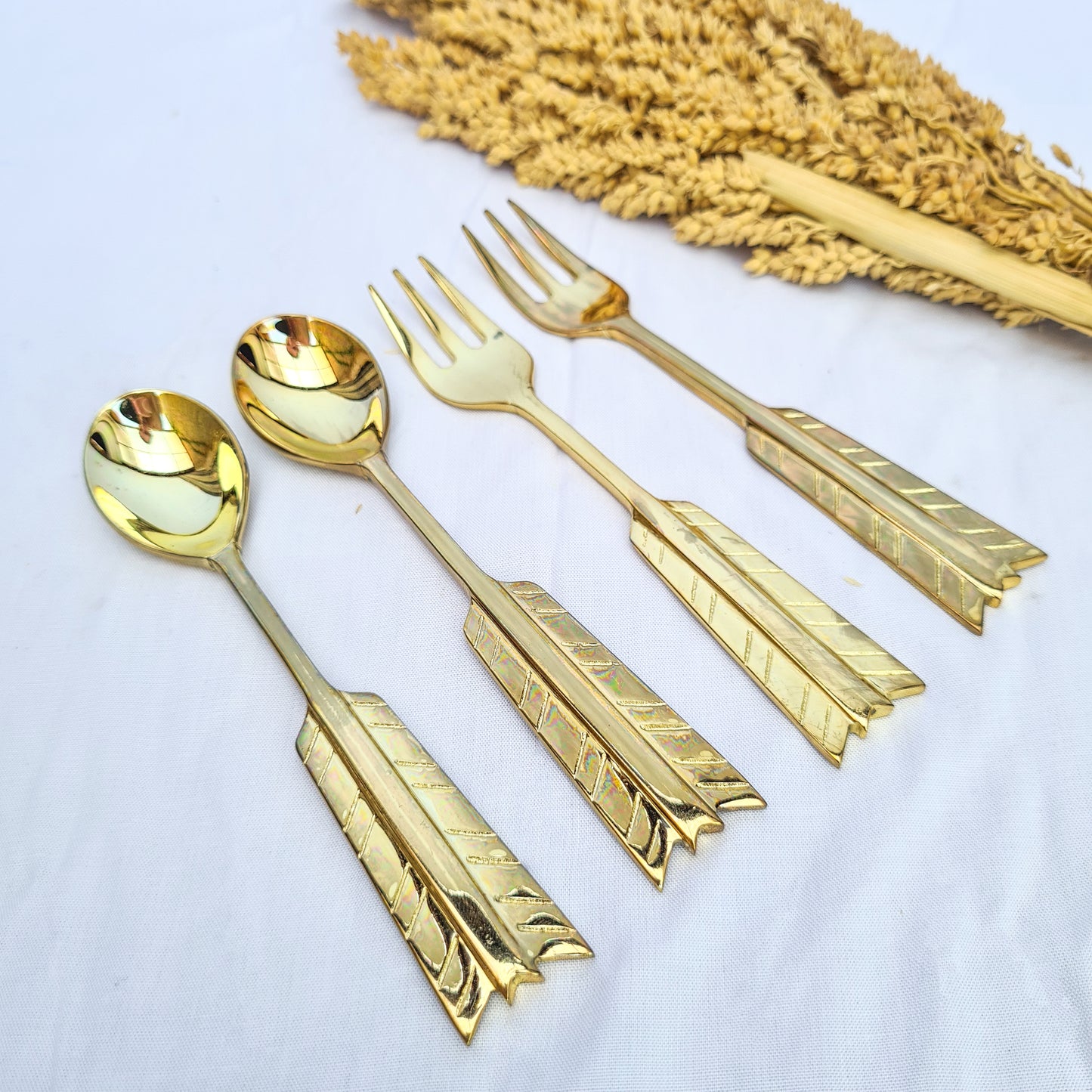 Cutlery set dessert feather hand made brass eco tableware fork spoon bali flatware silverware luxury