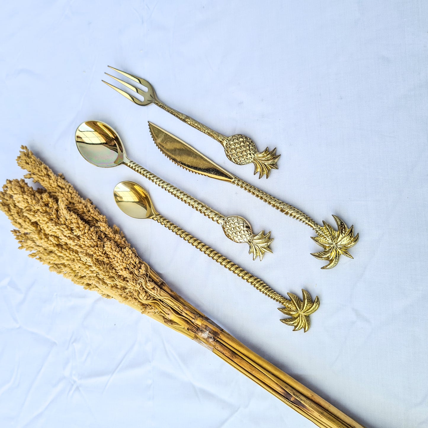 Cutlery set dessert palm and pineapple hand made brass eco tableware fork spoon knife bali flatware silverware luxury