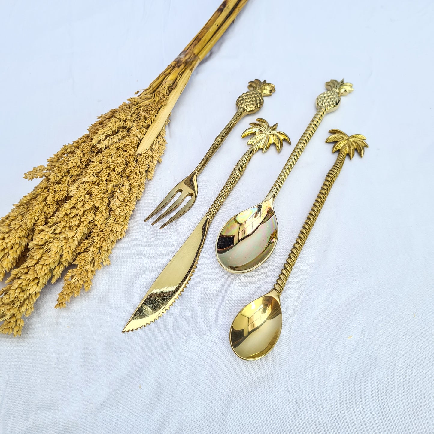 Cutlery set dessert palm and pineapple hand made brass eco tableware fork spoon knife bali flatware silverware luxury