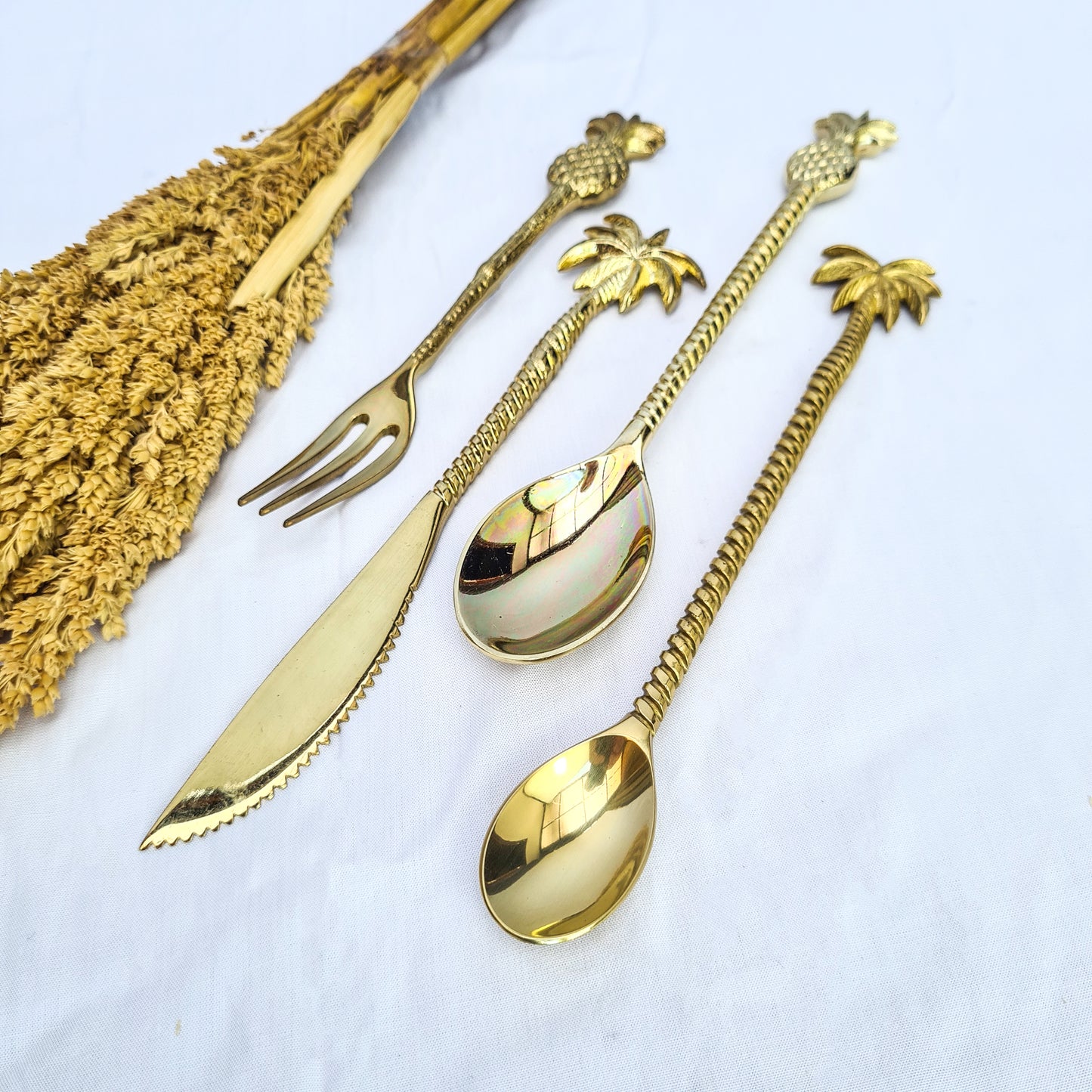 Cutlery set dessert palm and pineapple hand made brass eco tableware fork spoon knife bali flatware silverware luxury