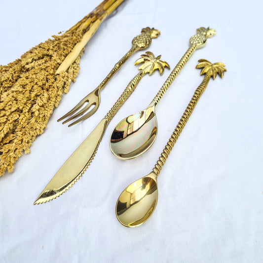Cutlery set dessert palm and pineapple hand made brass eco tableware fork spoon knife bali flatware silverware luxury