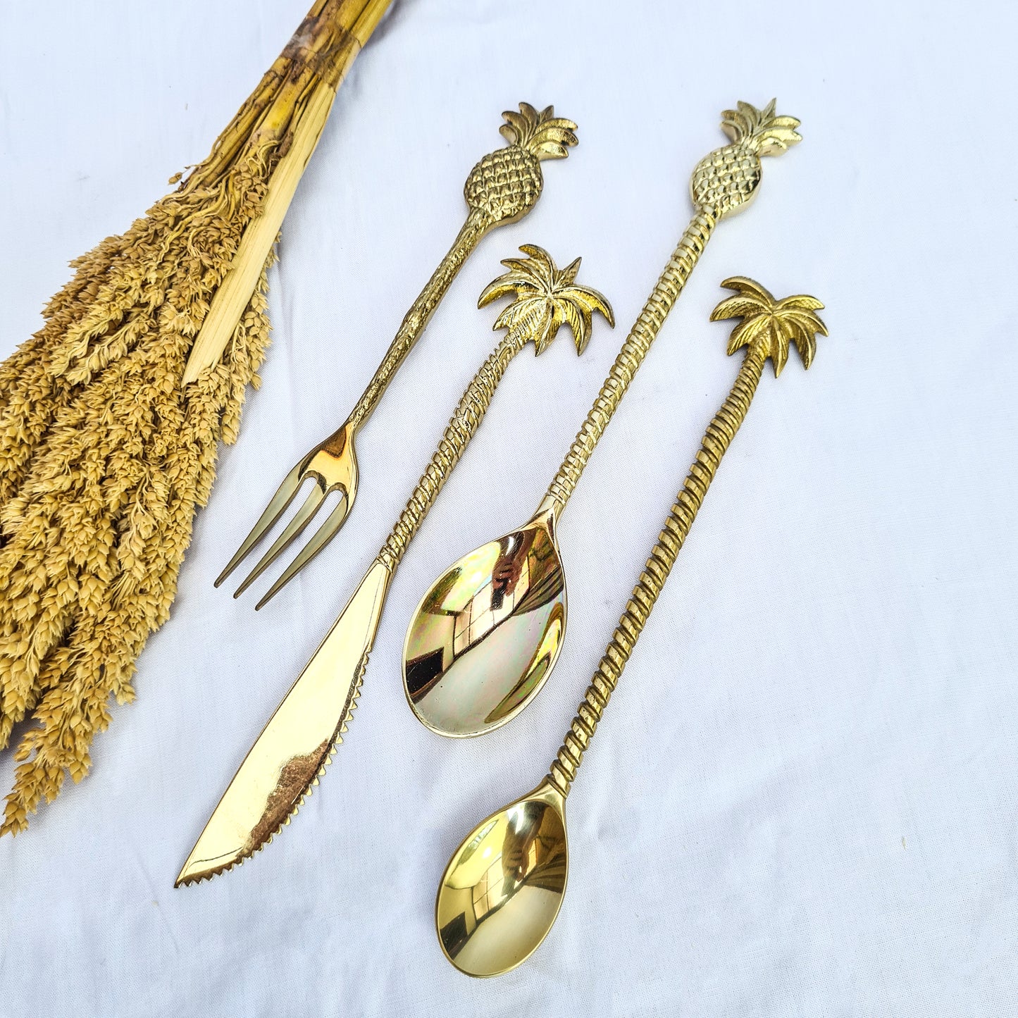 Cutlery set dessert palm and pineapple hand made brass eco tableware fork spoon knife bali flatware silverware luxury