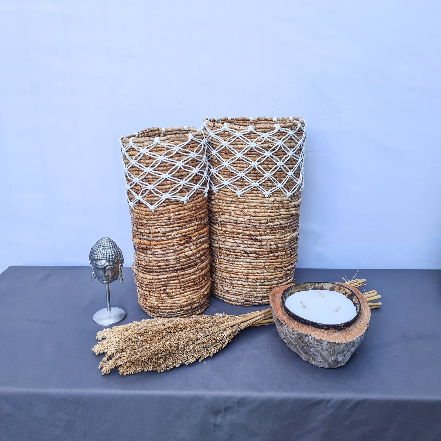 Small high wicker baskets made from banana tree leaf and macrame hand made kitchen basket bread place fruit home decor flower pot