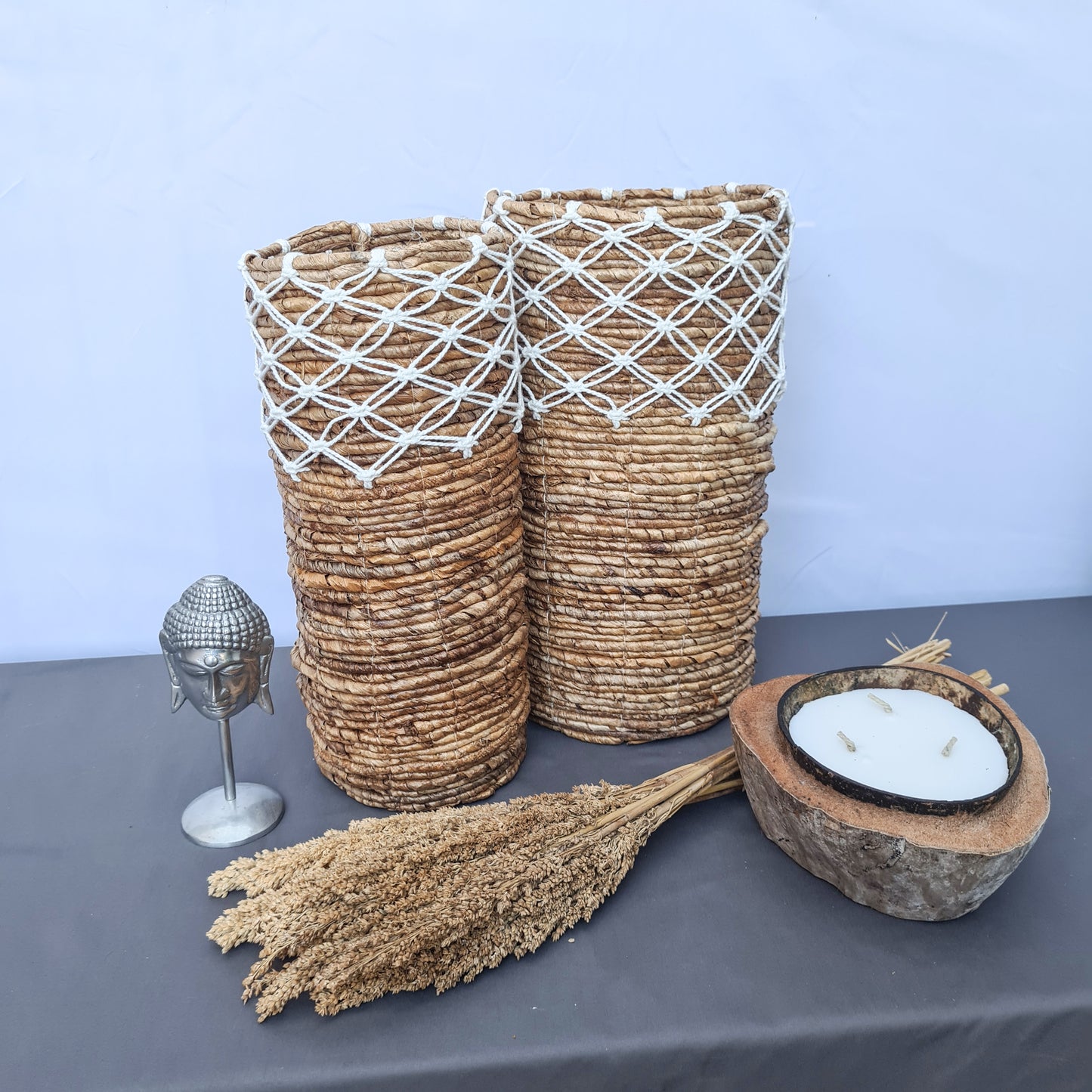Small high wicker baskets made from banana tree leaf and macrame hand made kitchen basket bread place fruit home decor flower pot