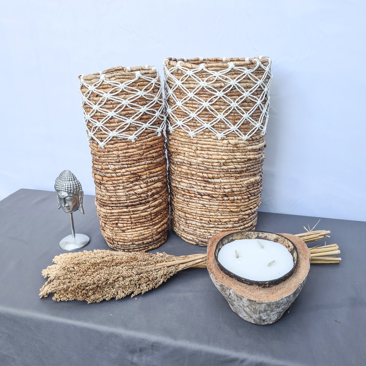 Small high wicker baskets made from banana tree leaf and macrame hand made kitchen basket bread place fruit home decor flower pot