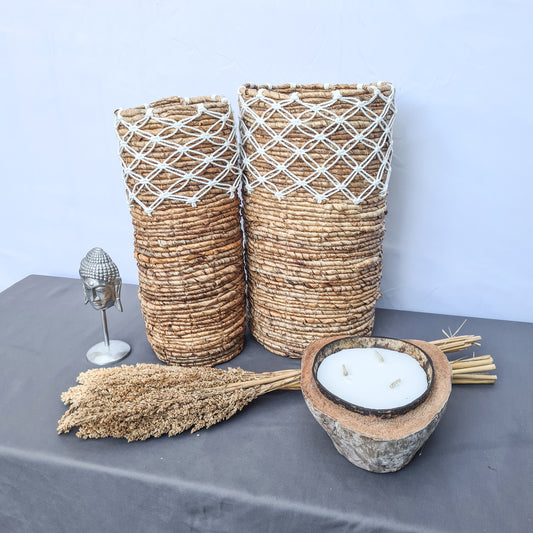 Small high wicker baskets made from banana tree leaf and macrame hand made kitchen basket bread place fruit home decor flower pot