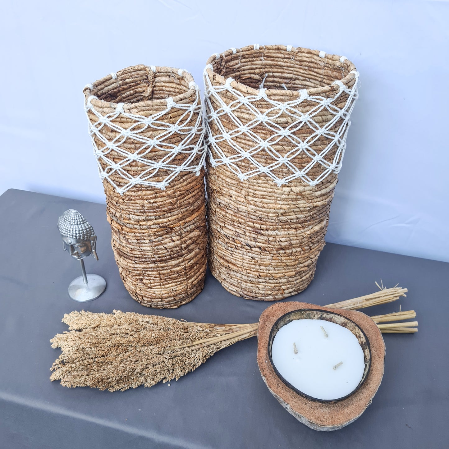 Small high wicker baskets made from banana tree leaf and macrame hand made kitchen basket bread place fruit home decor flower pot