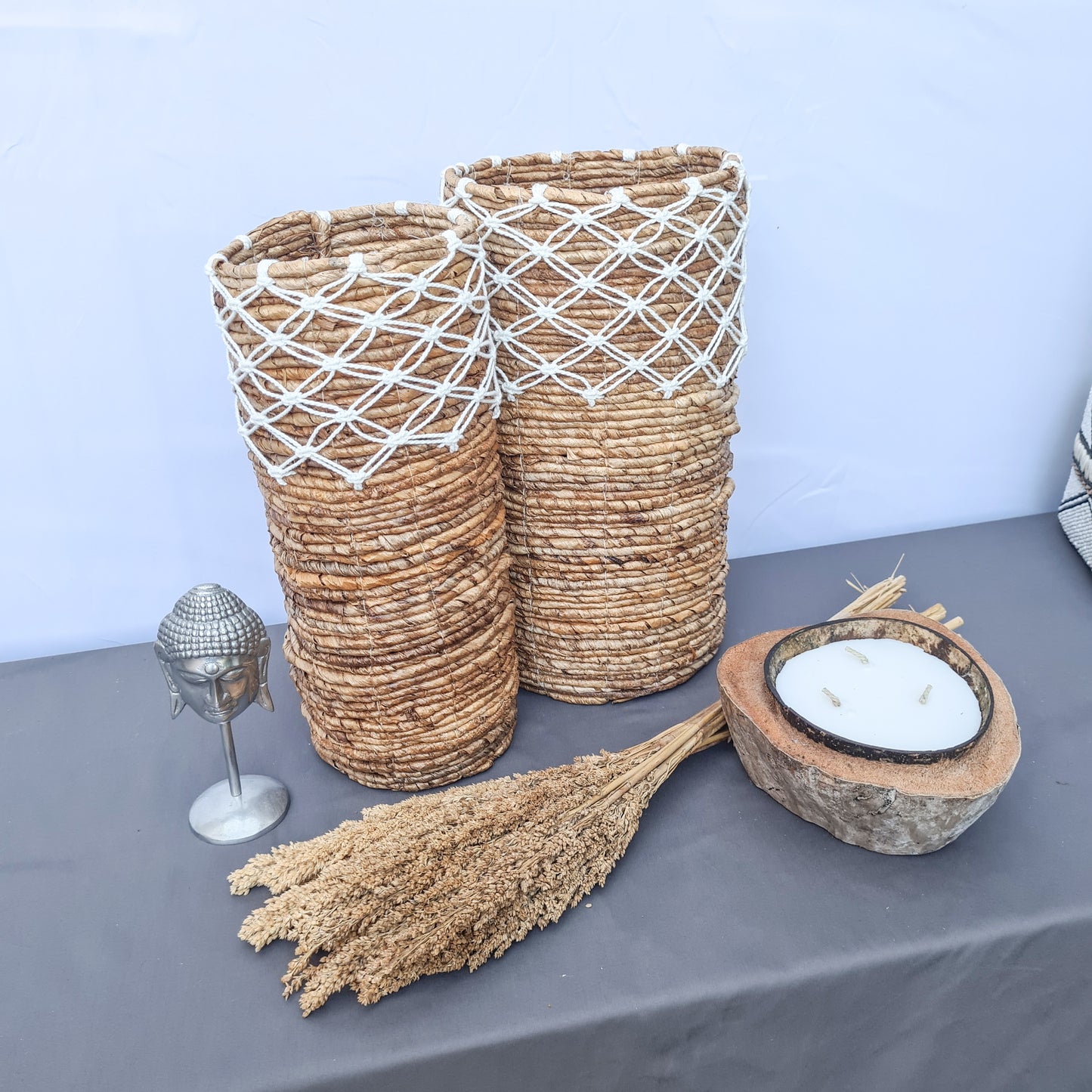 Small high wicker baskets made from banana tree leaf and macrame hand made kitchen basket bread place fruit home decor flower pot