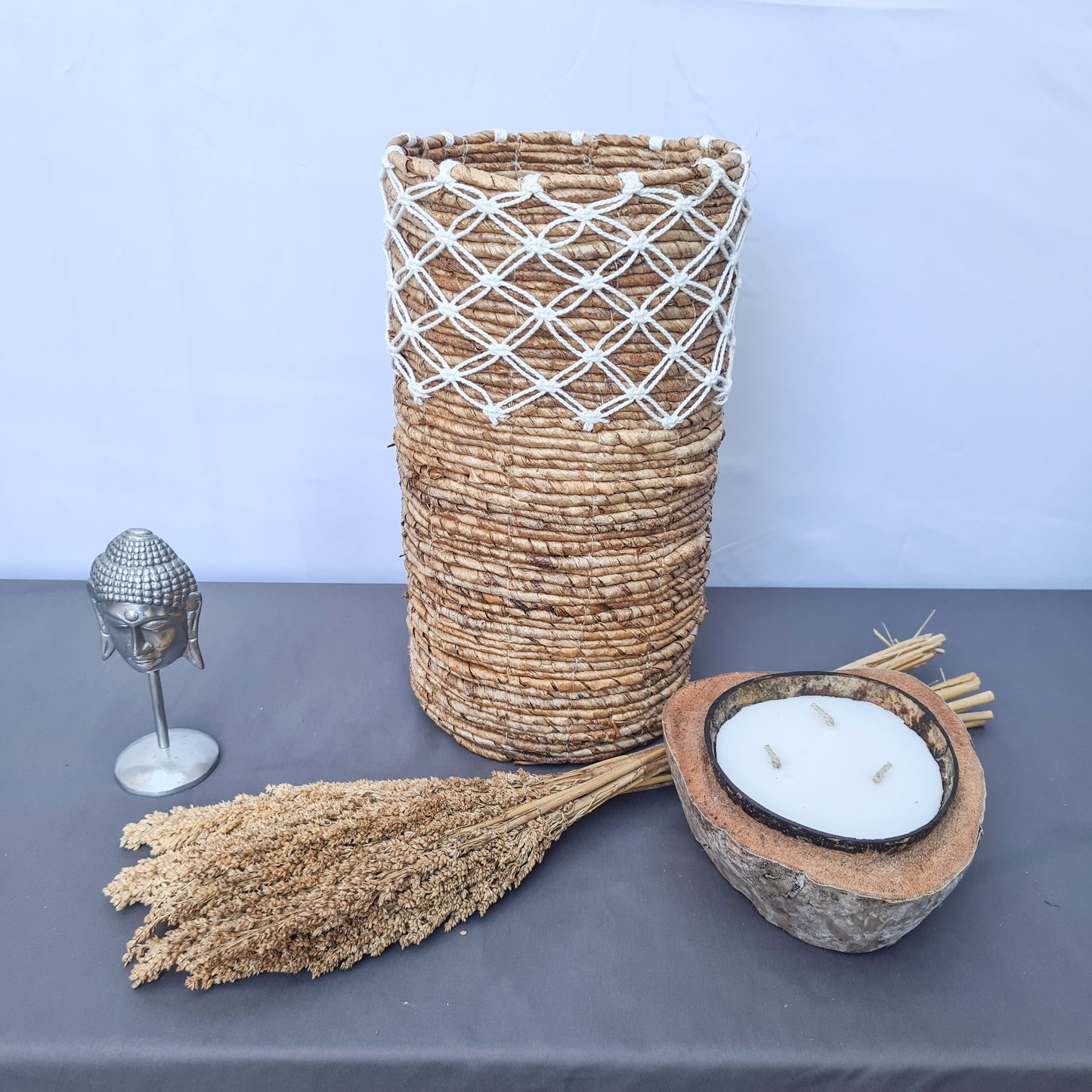 Small high wicker baskets made from banana tree leaf and macrame hand made kitchen basket bread place fruit home decor flower pot