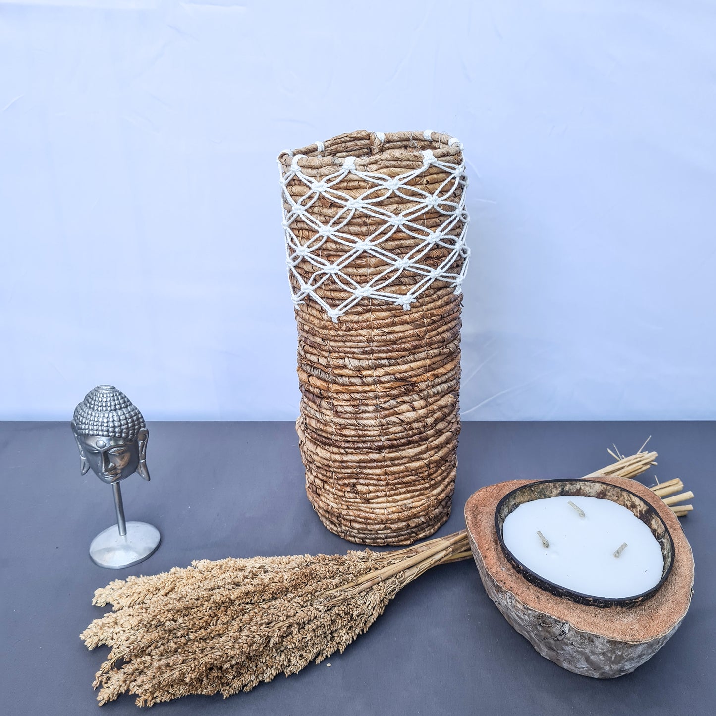 Small high wicker baskets made from banana tree leaf and macrame hand made kitchen basket bread place fruit home decor flower pot