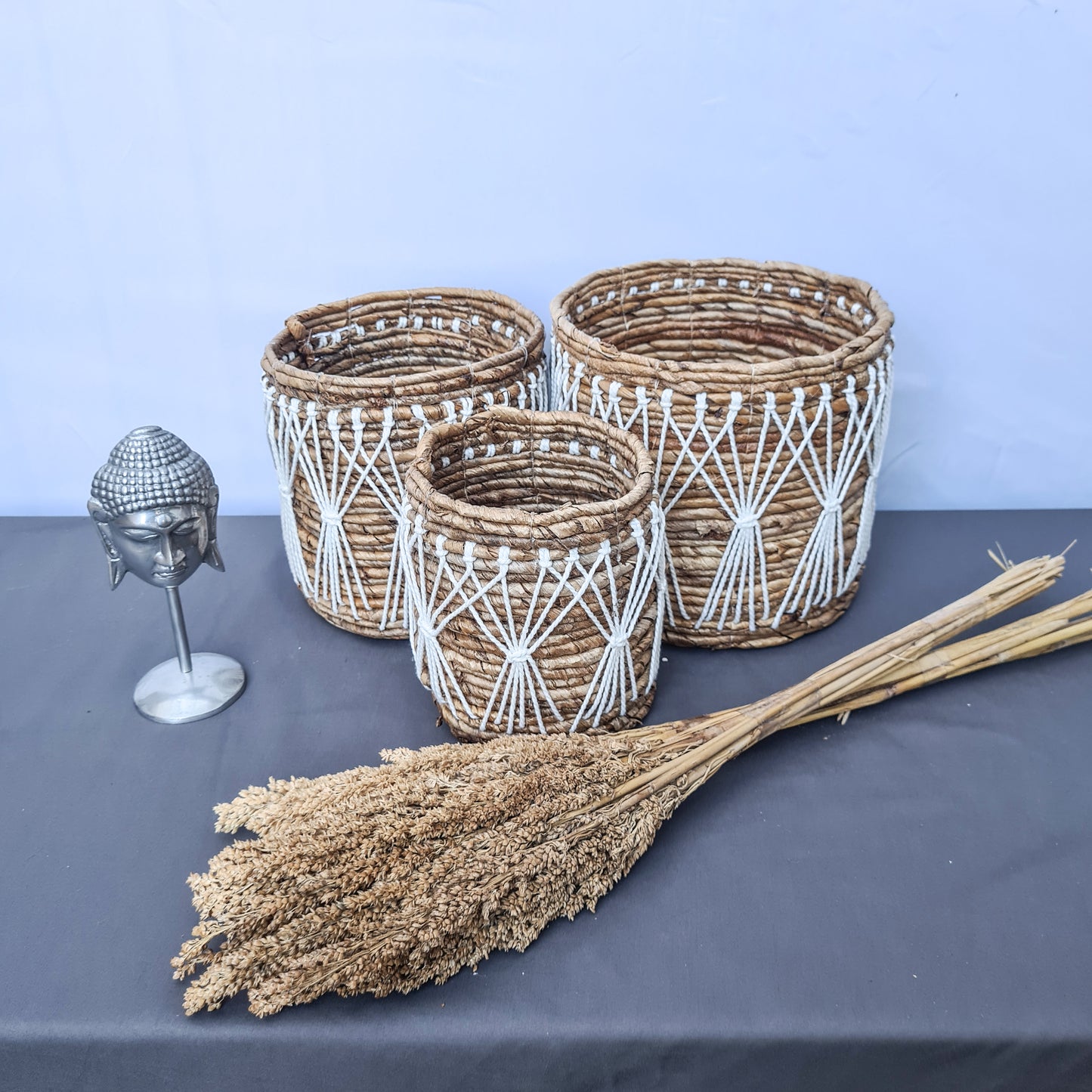 Small wicker baskets made from banana tree leaf and macrame web hand made kitchen basket bread place fruit home decor flower pot
