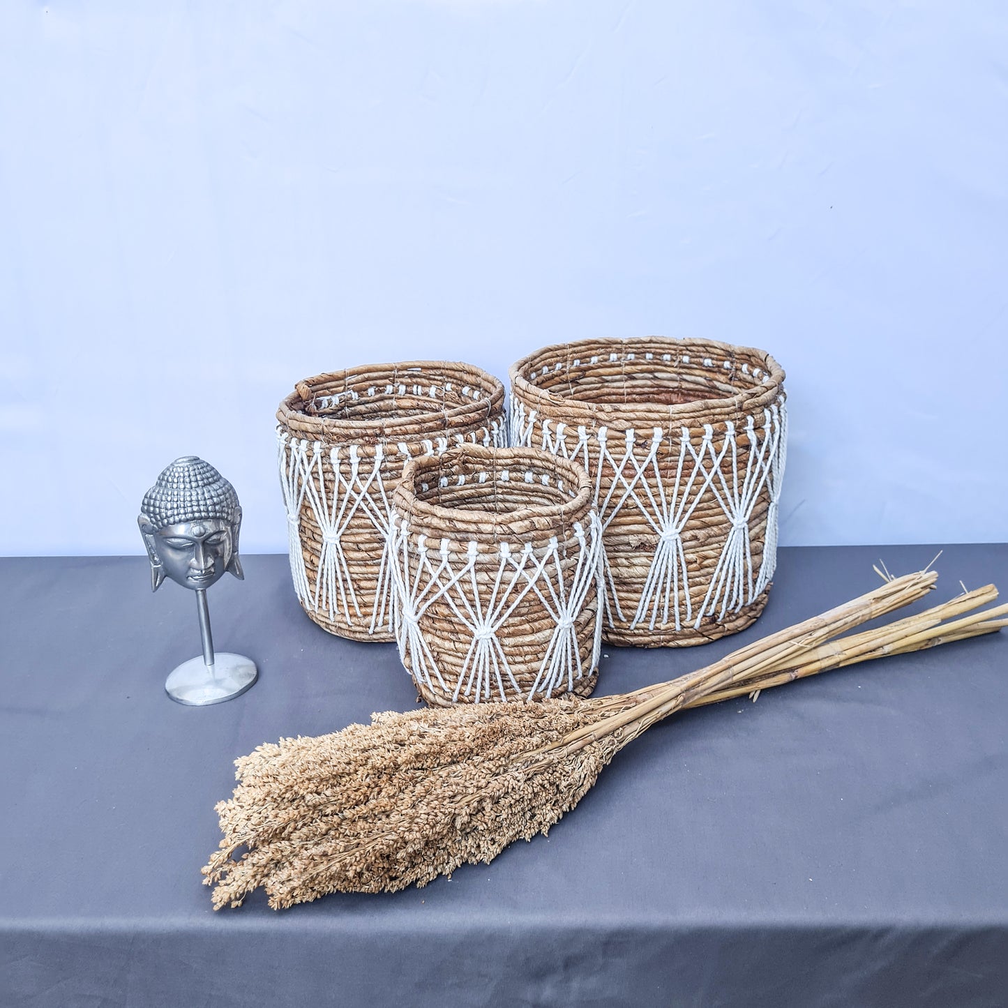 Small wicker baskets made from banana tree leaf and macrame web hand made kitchen basket bread place fruit home decor flower pot