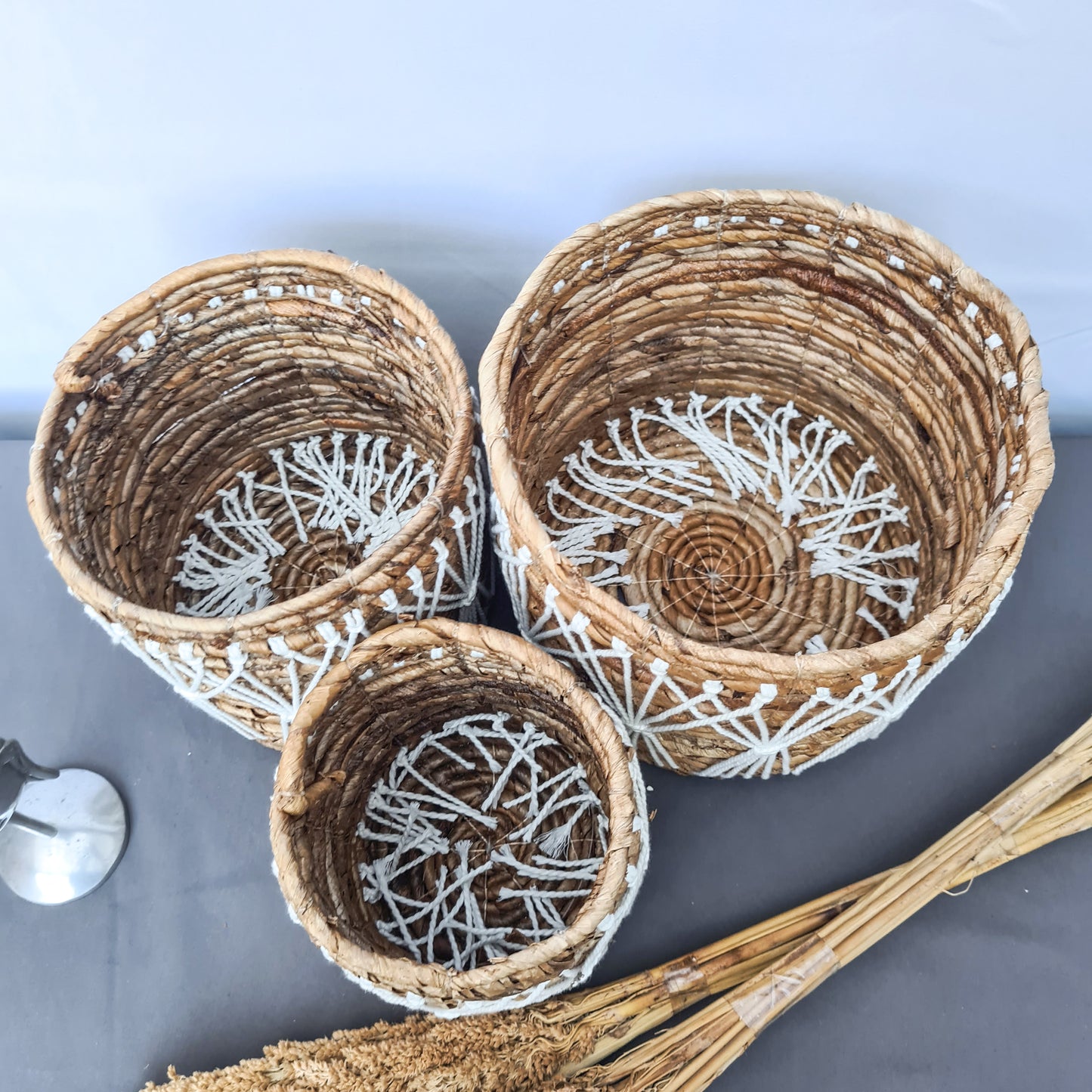 Small wicker baskets made from banana tree leaf and macrame web hand made kitchen basket bread place fruit home decor flower pot