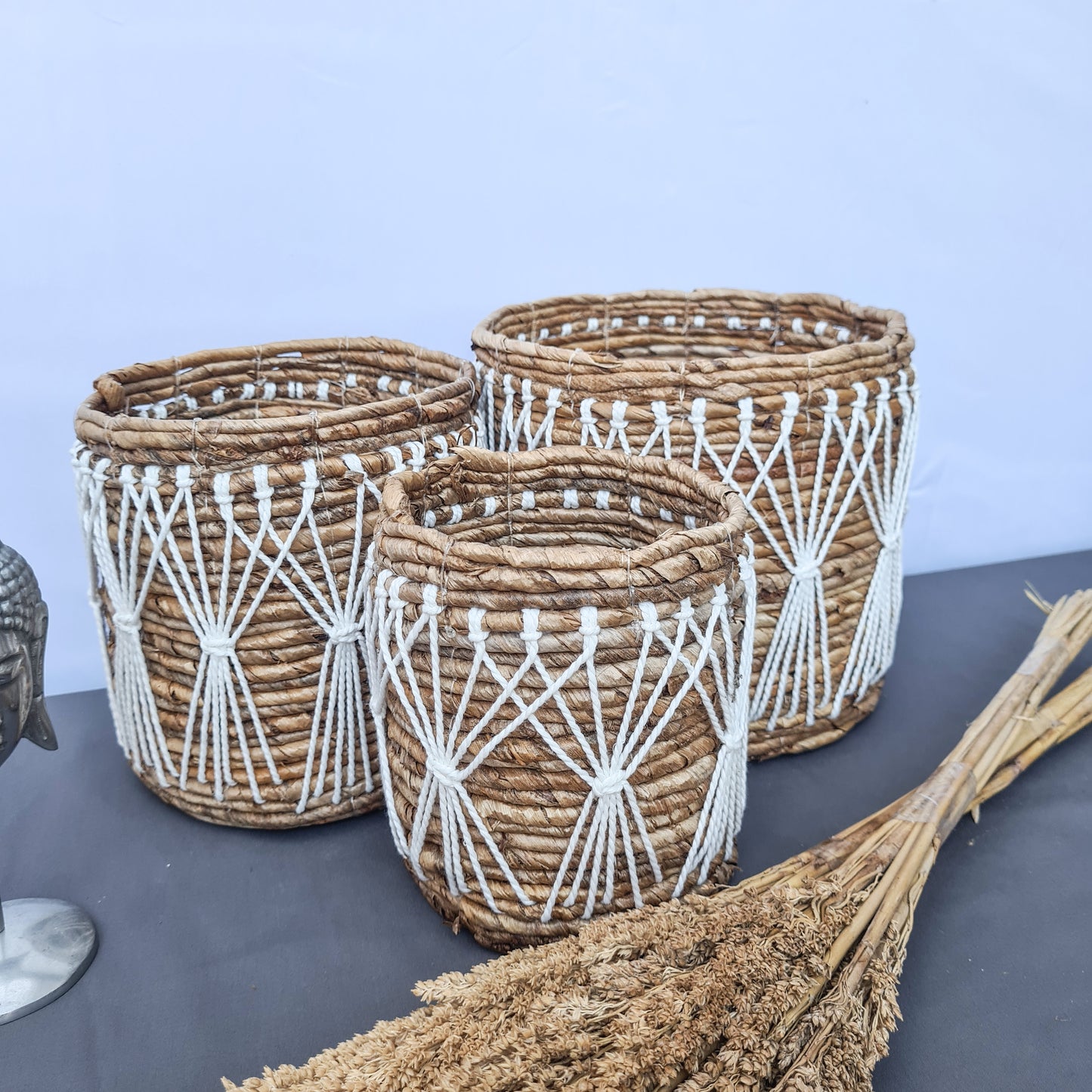 Set of small wicker baskets from banana tree leaf and macrame hand made kitchen basket bread place fruit home decor flower pot