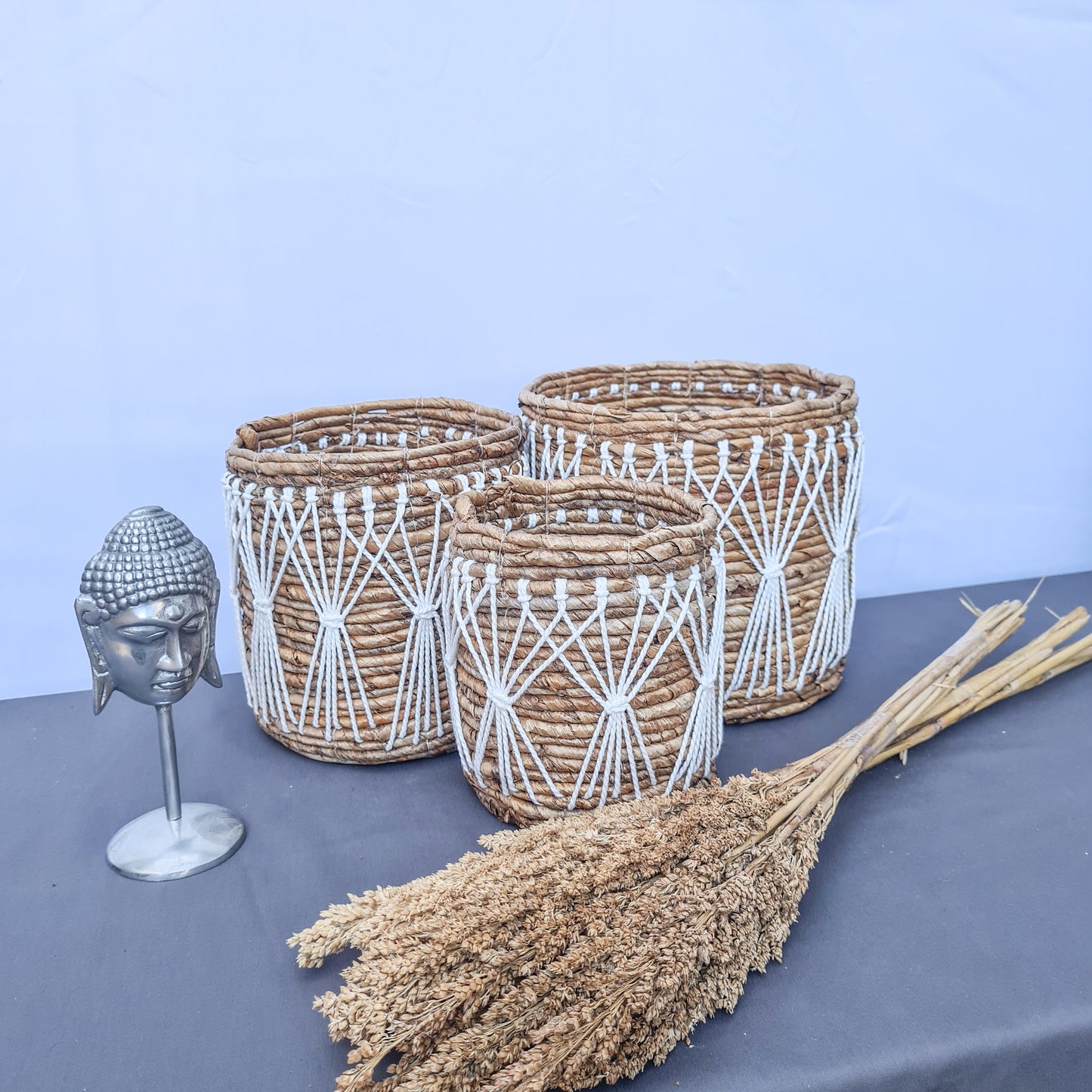 Small wicker baskets made from banana tree leaf and macrame web hand made kitchen basket bread place fruit home decor flower pot