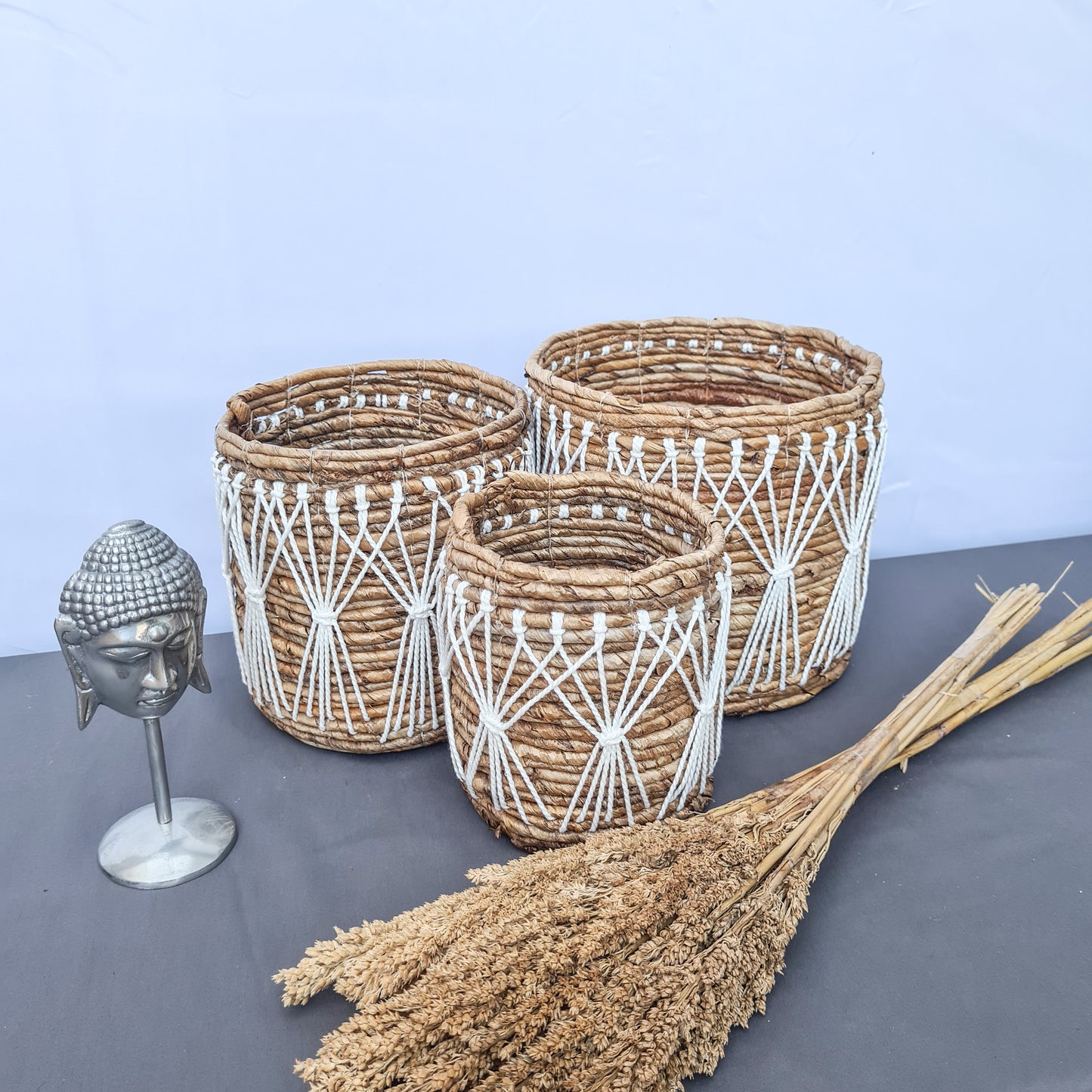 Small wicker baskets made from banana tree leaf and macrame web hand made kitchen basket bread place fruit home decor flower pot
