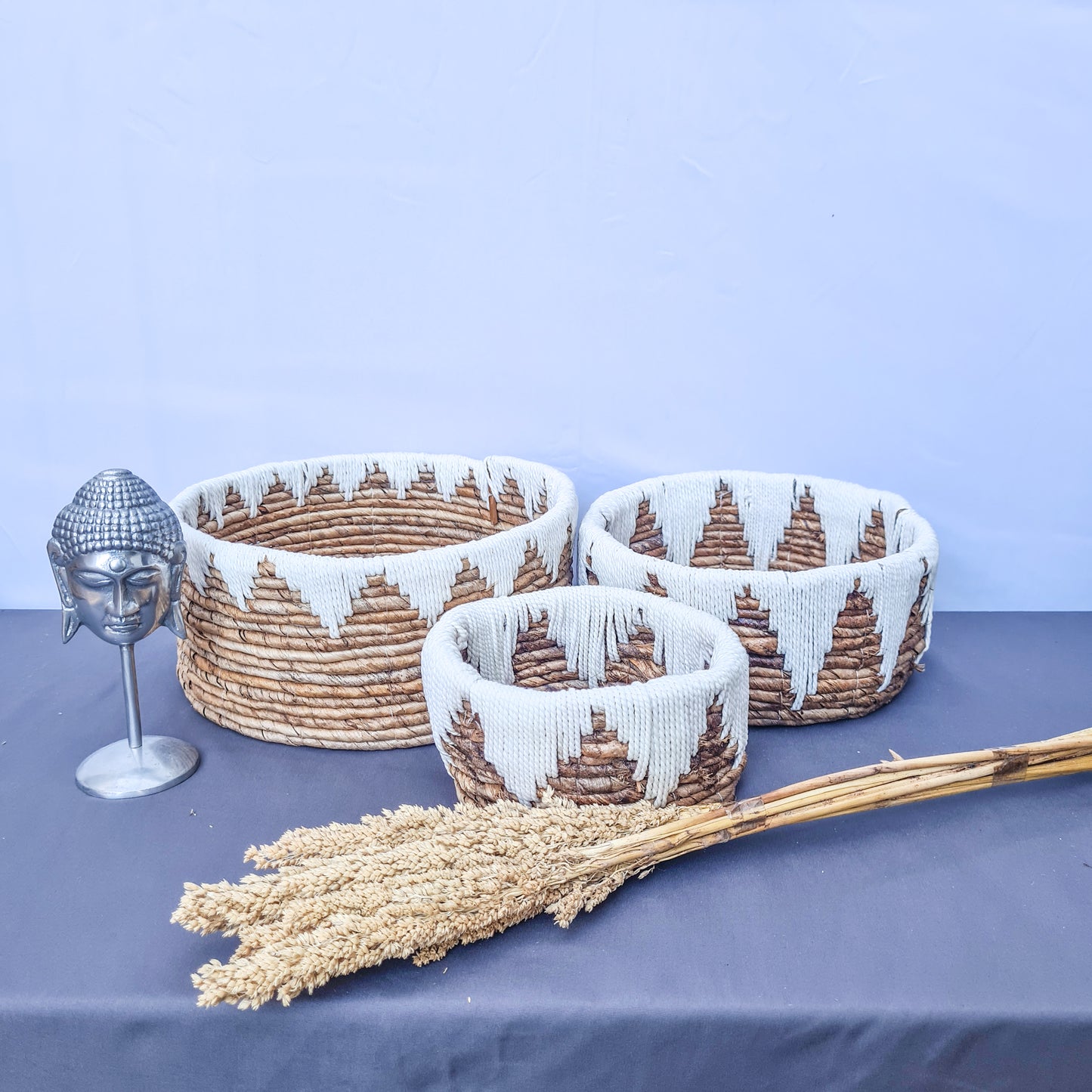 Low wicker baskets made from banana tree leaf and macrame hand made kitchen basket bread place fruit home decor flower pot