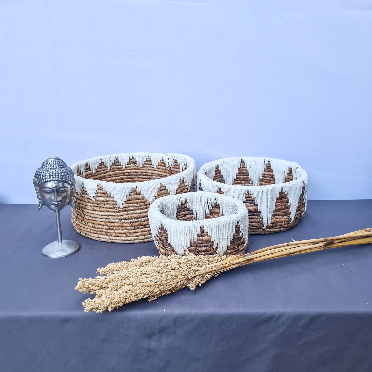 Low wicker baskets made from banana tree leaf and macrame hand made kitchen basket bread place fruit home decor flower pot