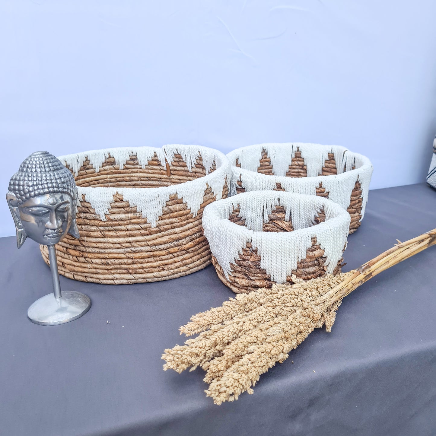 Low wicker baskets made from banana tree leaf and macrame hand made kitchen basket bread place fruit home decor flower pot