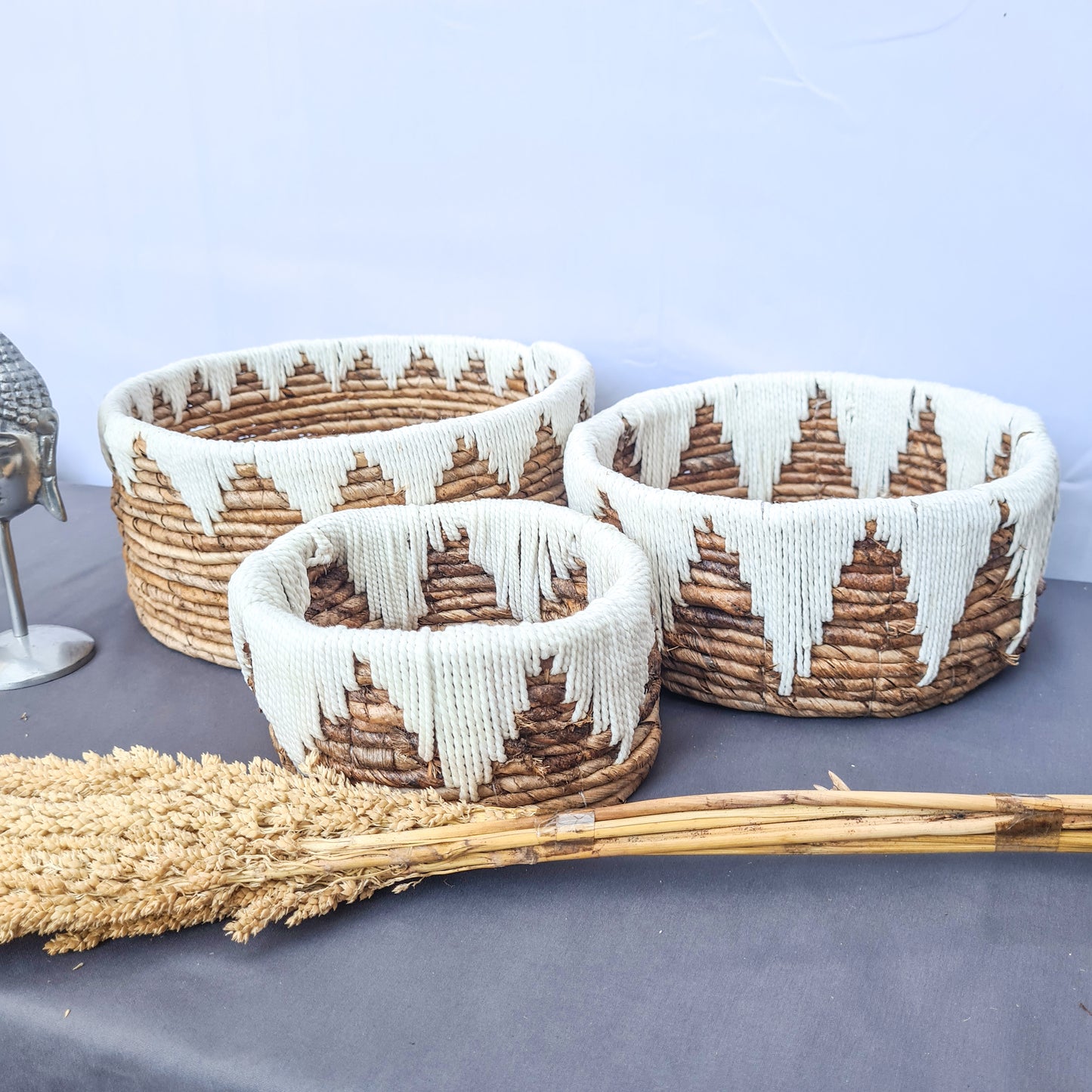 Low wicker baskets made from banana tree leaf and macrame hand made kitchen basket bread place fruit home decor flower pot