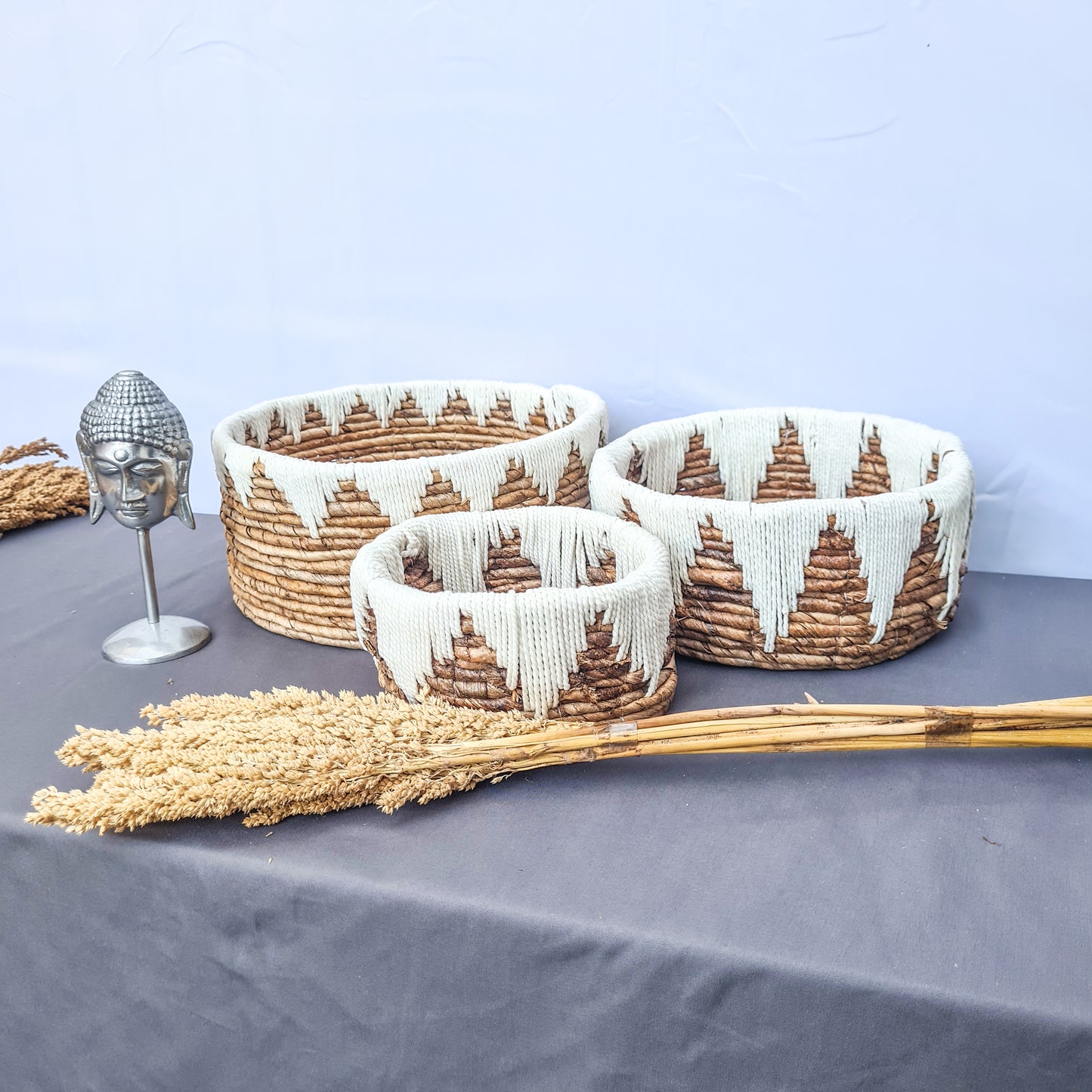 Set of small wicker baskets from banana tree leaf and macrame hand made kitchen basket bread place fruit home decor flower pot