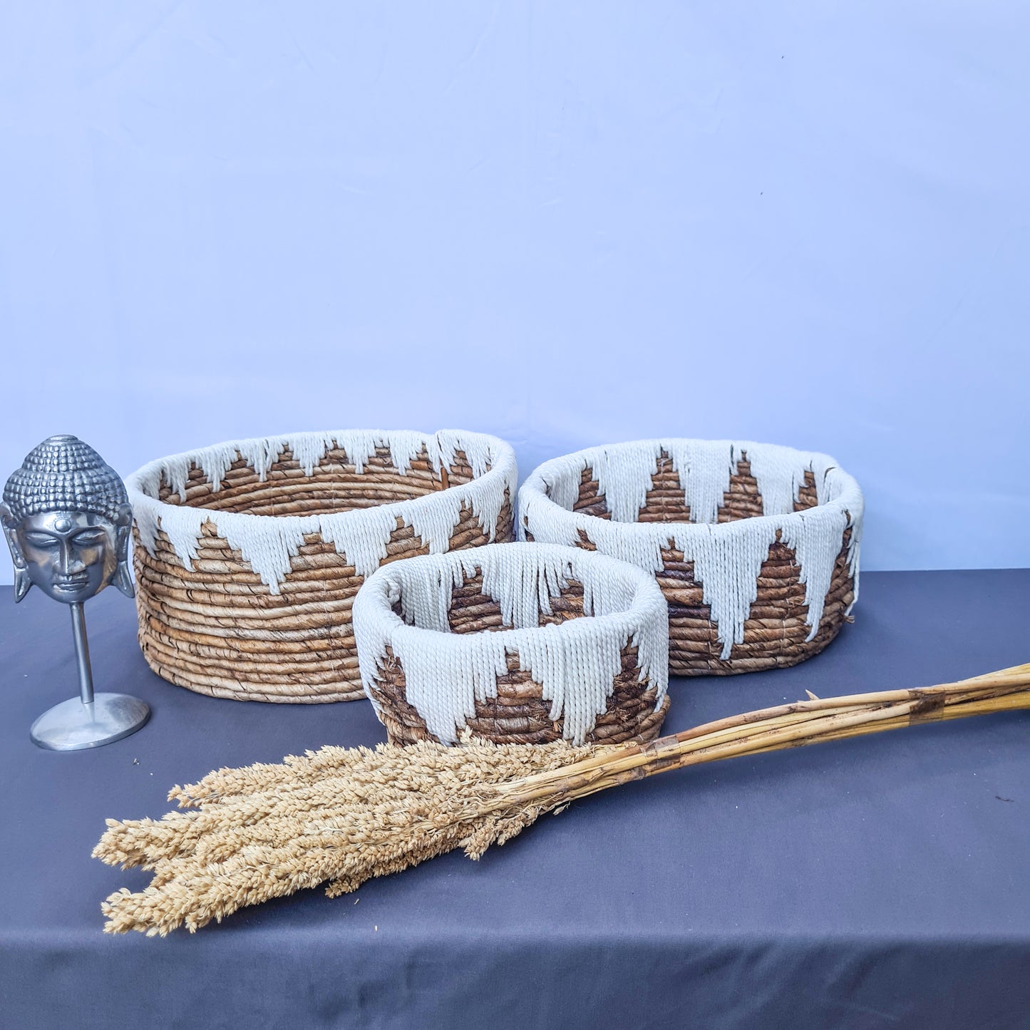 Low wicker baskets made from banana tree leaf and macrame hand made kitchen basket bread place fruit home decor flower pot