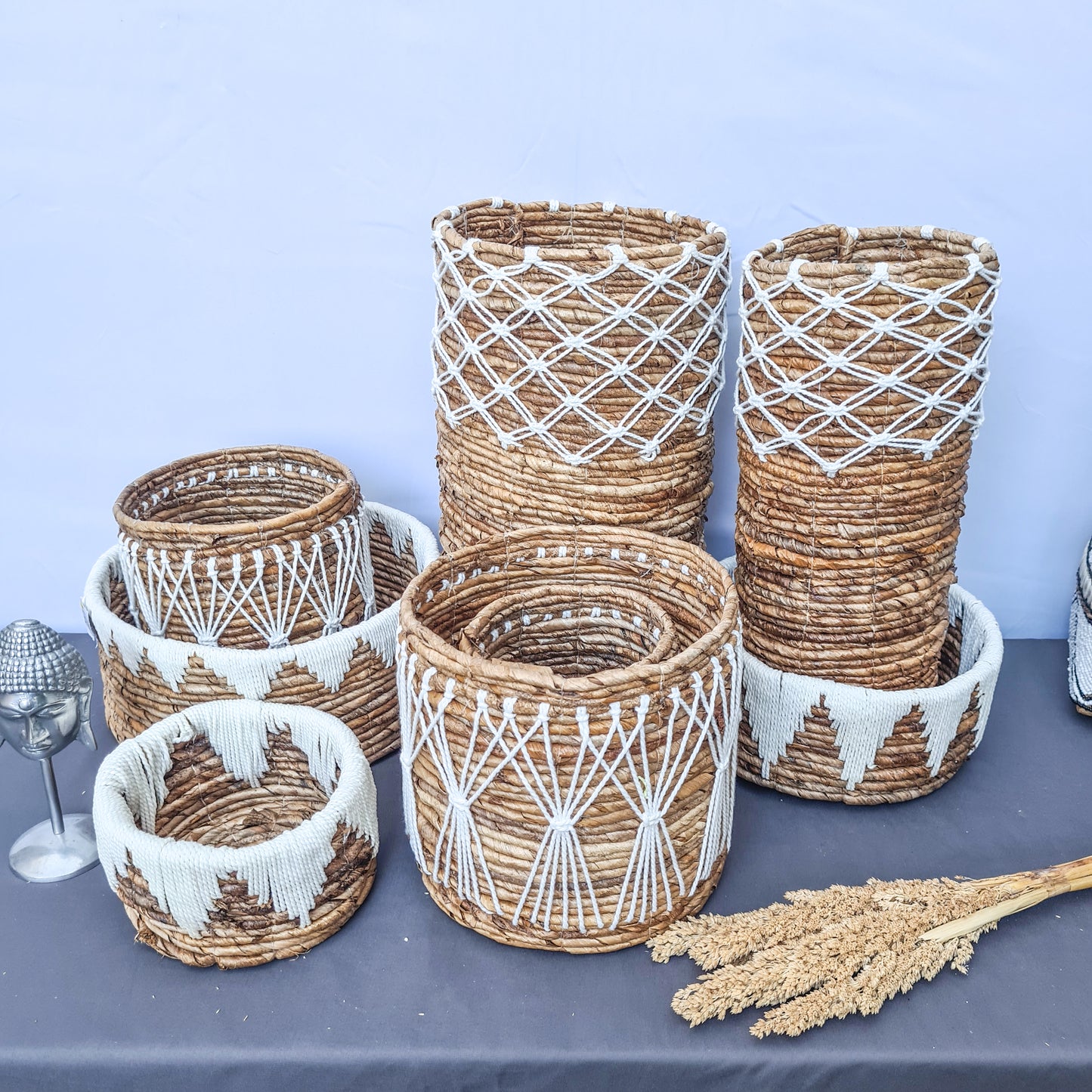 Set of small wicker baskets from banana tree leaf and macrame hand made kitchen basket bread place fruit home decor flower pot