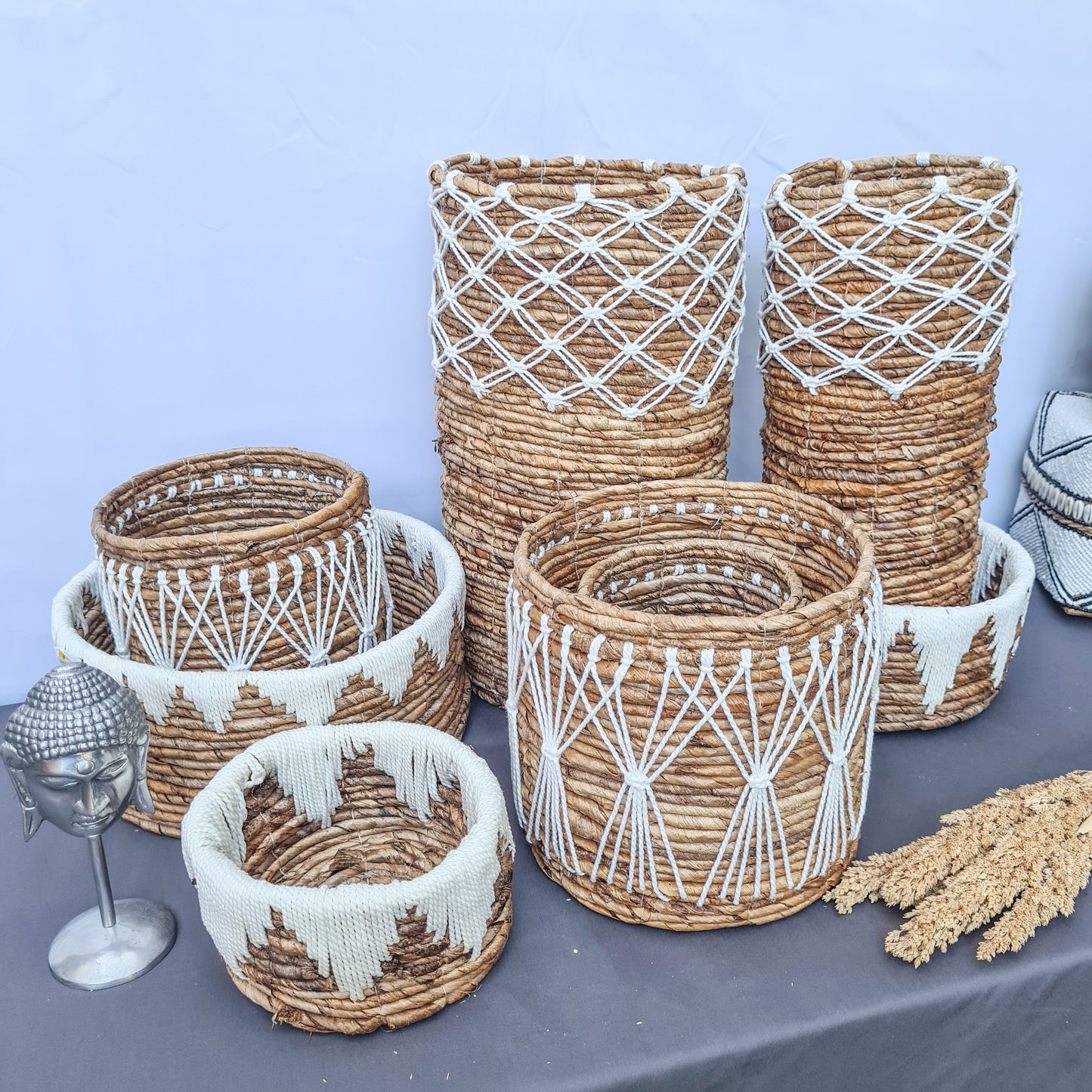 Set of small wicker baskets from banana tree leaf and macrame hand made kitchen basket bread place fruit home decor flower pot