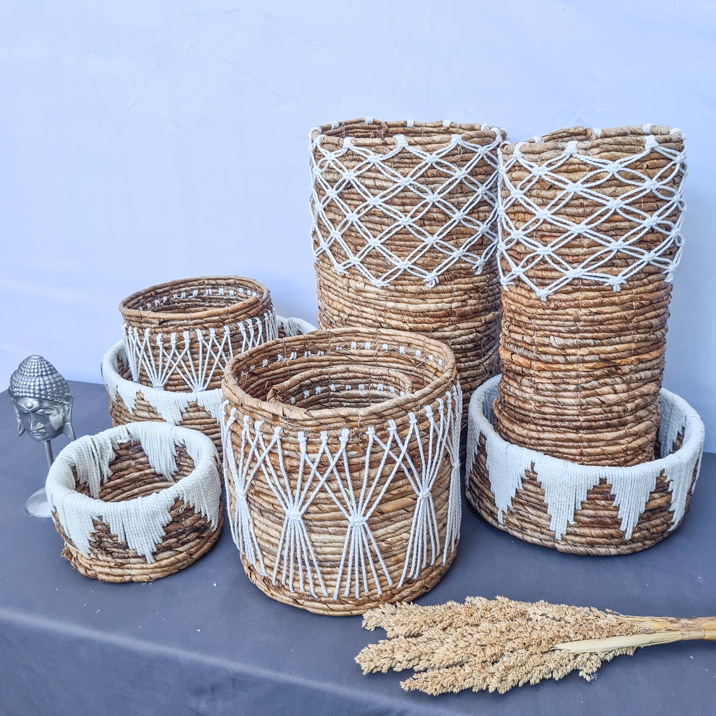 Set of small wicker baskets from banana tree leaf and macrame hand made kitchen basket bread place fruit home decor flower pot