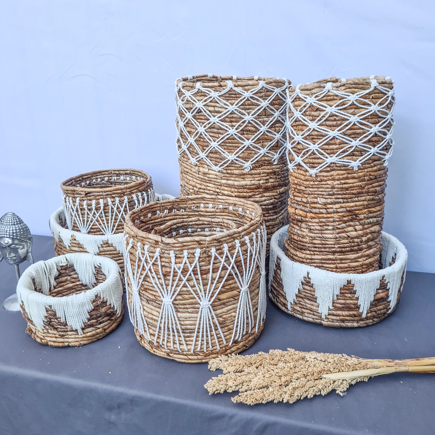 Set of small wicker baskets from banana tree leaf and macrame hand made kitchen basket bread place fruit home decor flower pot