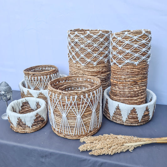 Set of small wicker baskets from banana tree leaf and macrame hand made kitchen basket bread place fruit home decor flower pot