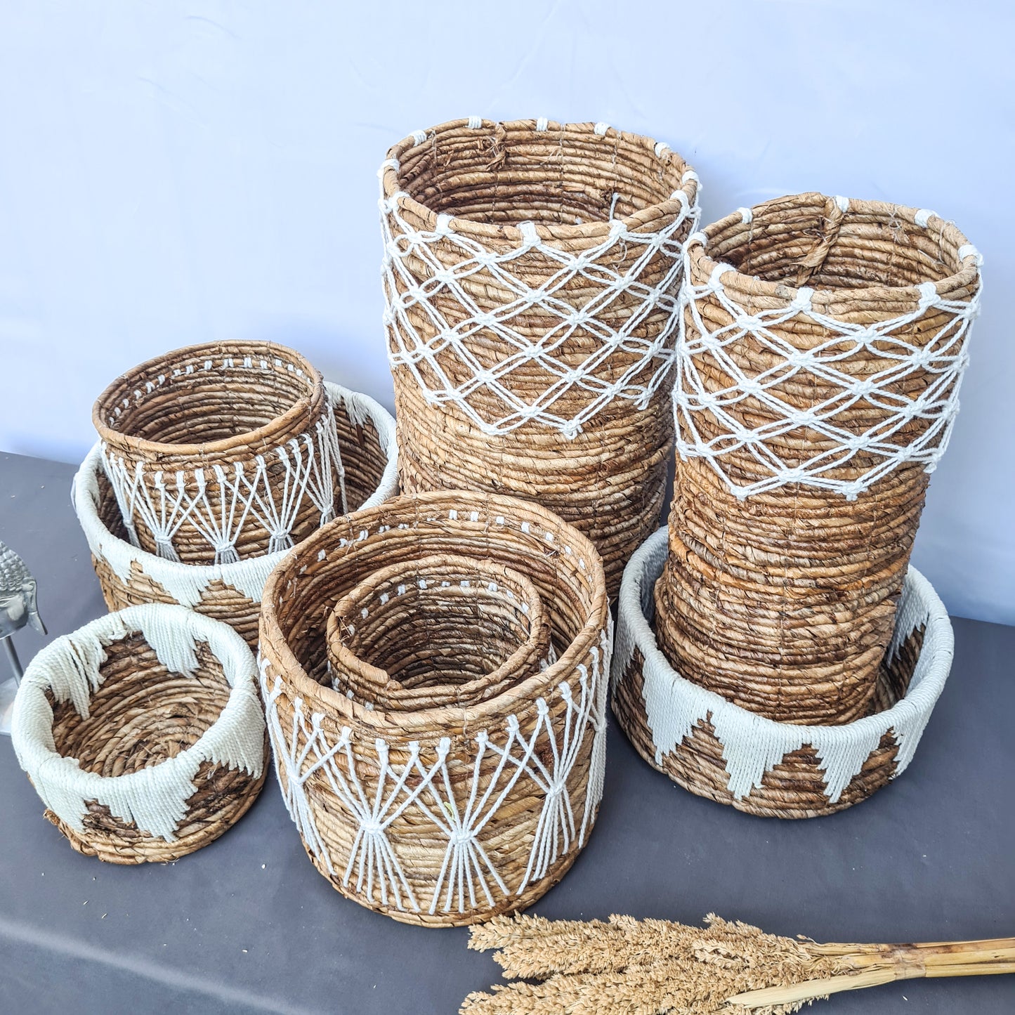 Set of small wicker baskets from banana tree leaf and macrame hand made kitchen basket bread place fruit home decor flower pot