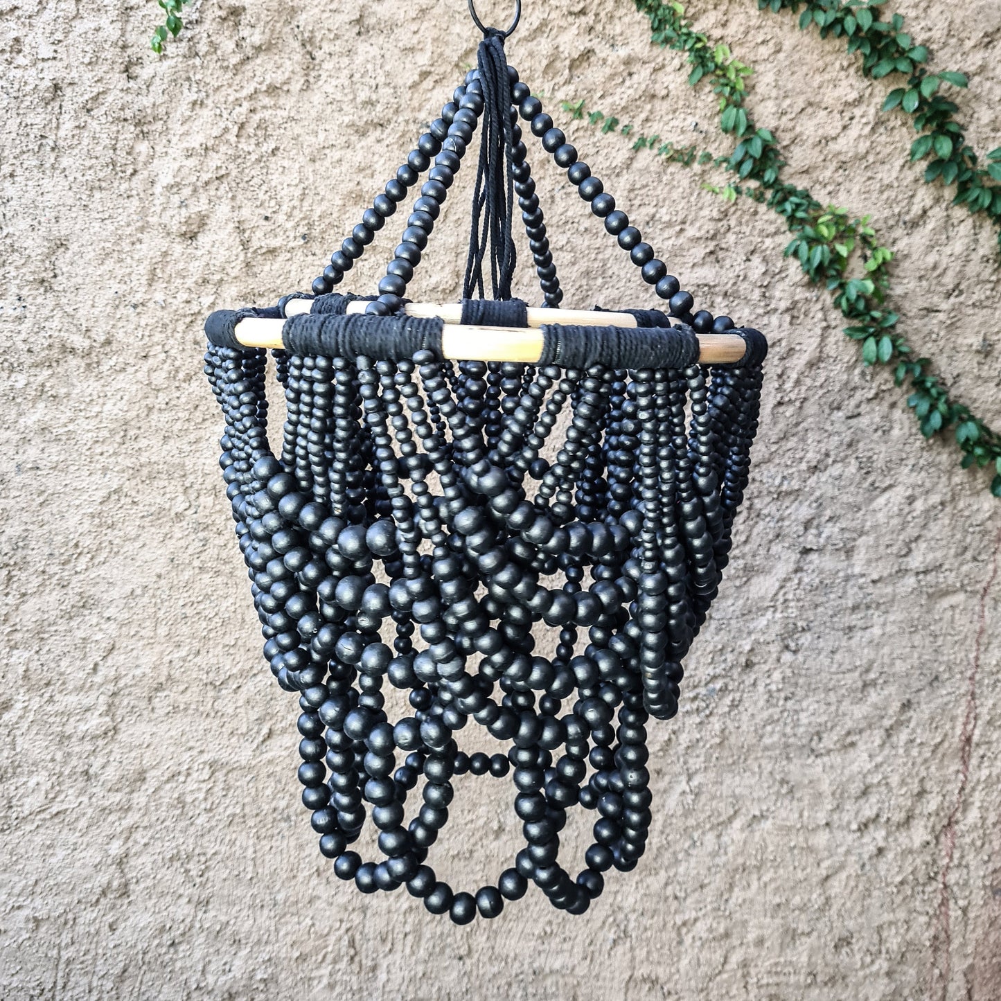 Beaded lampshade 40x60cm black color wooden beads chandelier pendant lamp shade wood bohemian boho lamp rattan ring