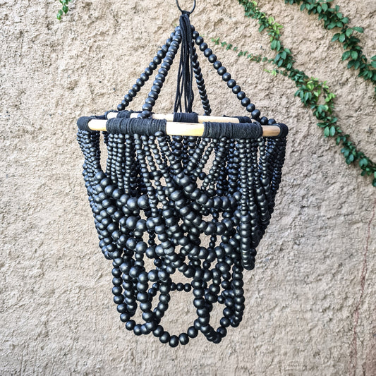 Beaded lampshade 40x60cm black color wooden beads chandelier pendant lamp shade wood bohemian boho lamp rattan ring