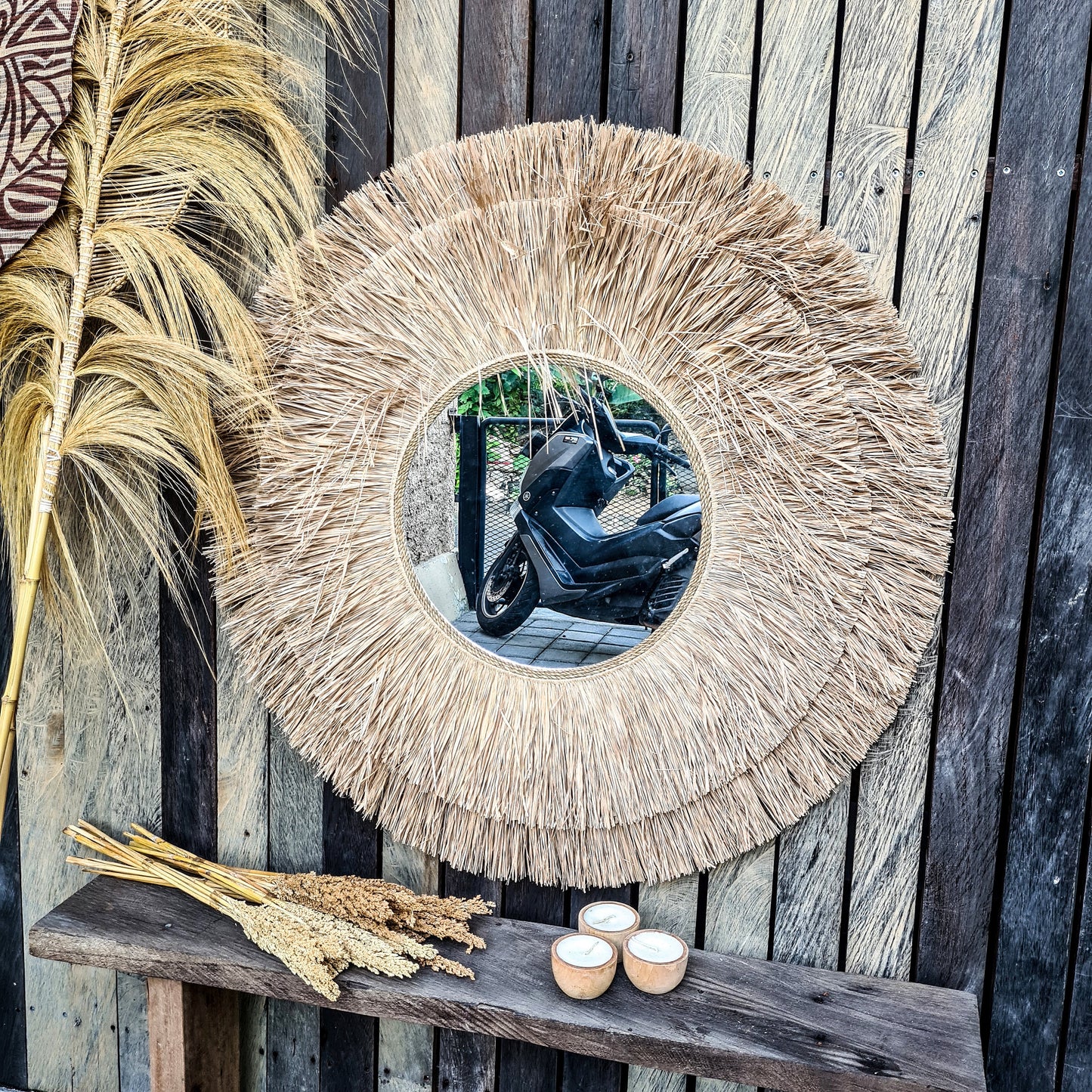 Tropical mirror 100cm boho decoration made from palm leaf bohemian mirror wall decor wall hangings