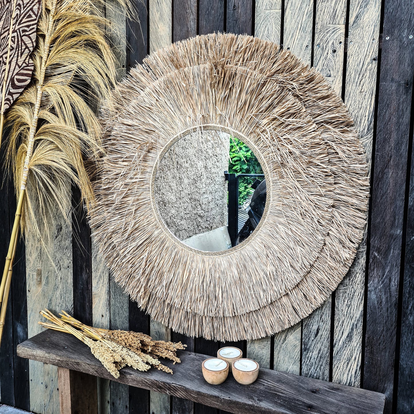 Tropical mirror 100cm boho decoration made from palm leaf bohemian mirror wall decor wall hangings