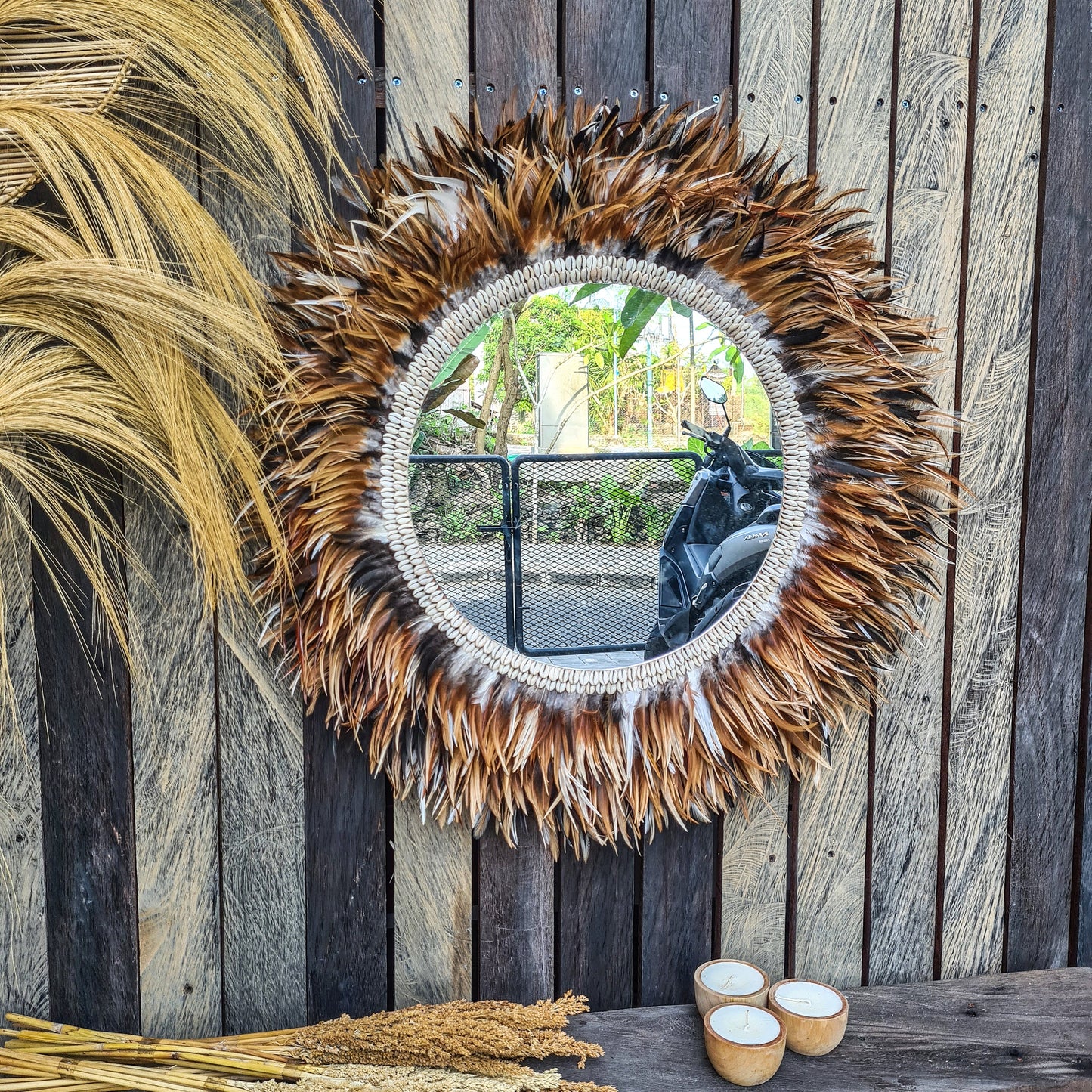 Tropical mirror 80cm boho decoration made from feathers bohemian mirror wall decor wall hangings feather decor