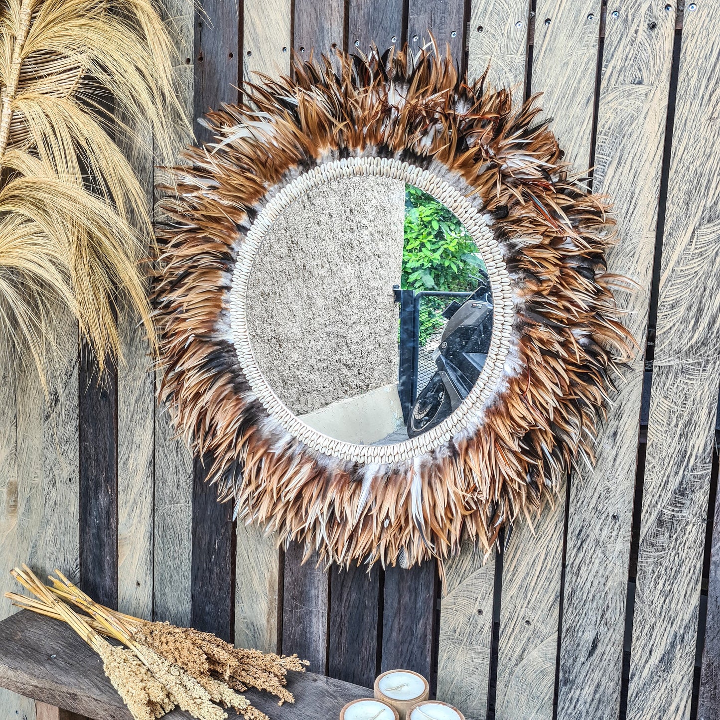 Tropical mirror 80cm boho decoration made from feathers bohemian mirror wall decor wall hangings feather decor