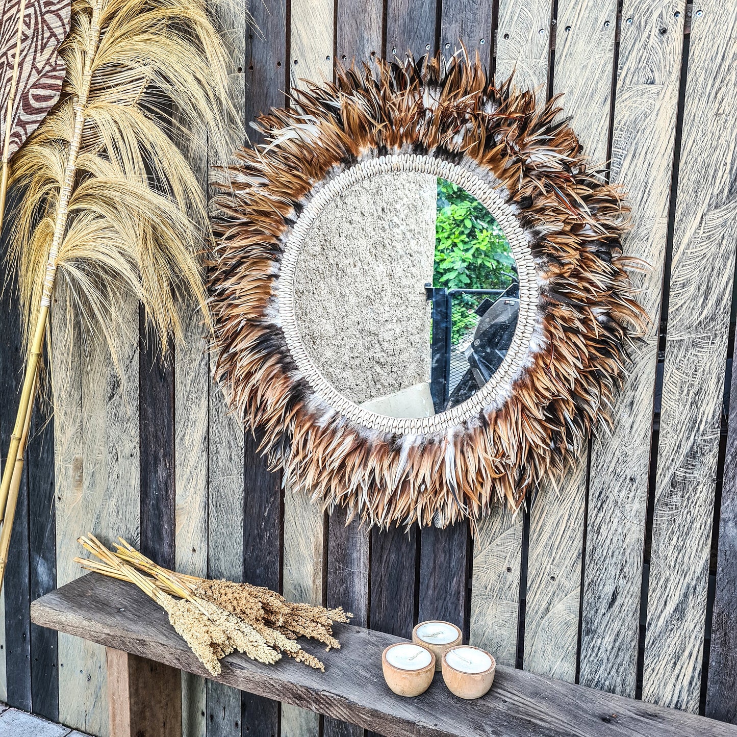 Tropical mirror 80cm boho decoration made from feathers bohemian mirror wall decor wall hangings feather decor