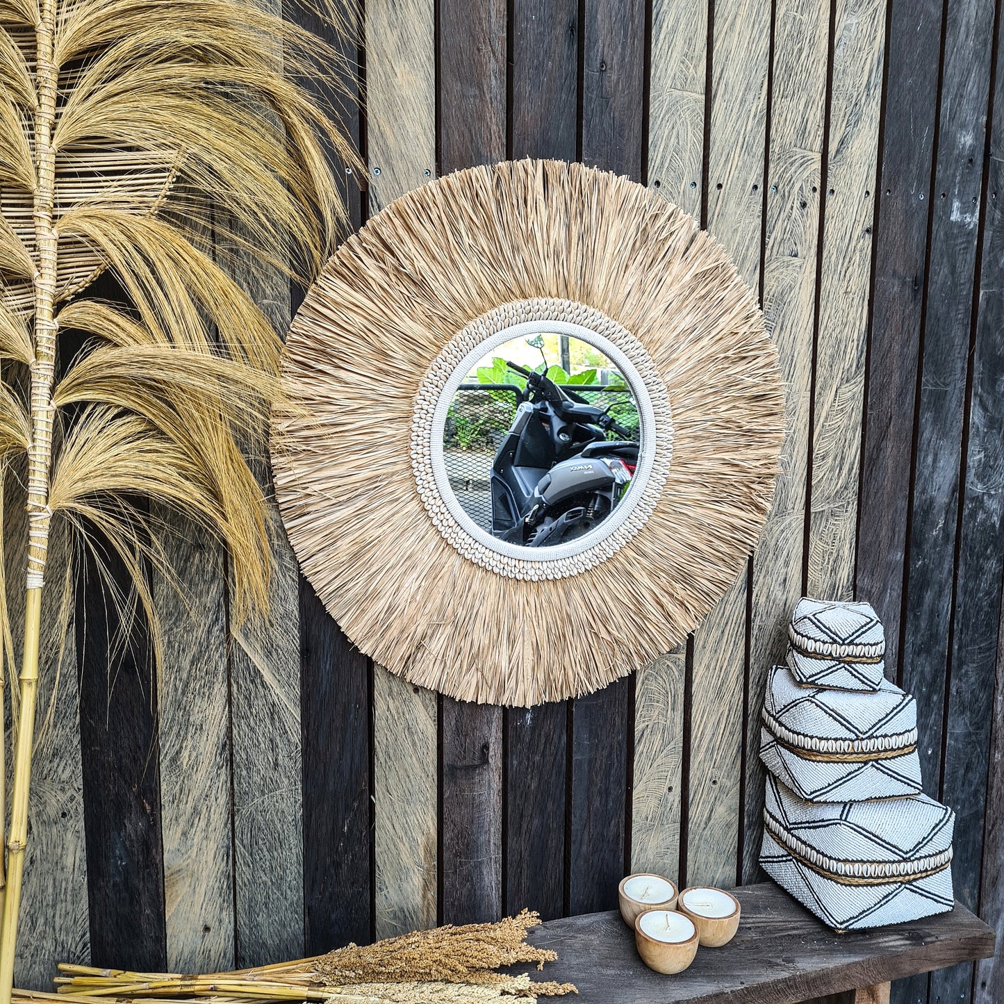 Tropical mirror 70cm boho decoration made from palm and shells bohemian mirror wall decor wall hangings feather decor