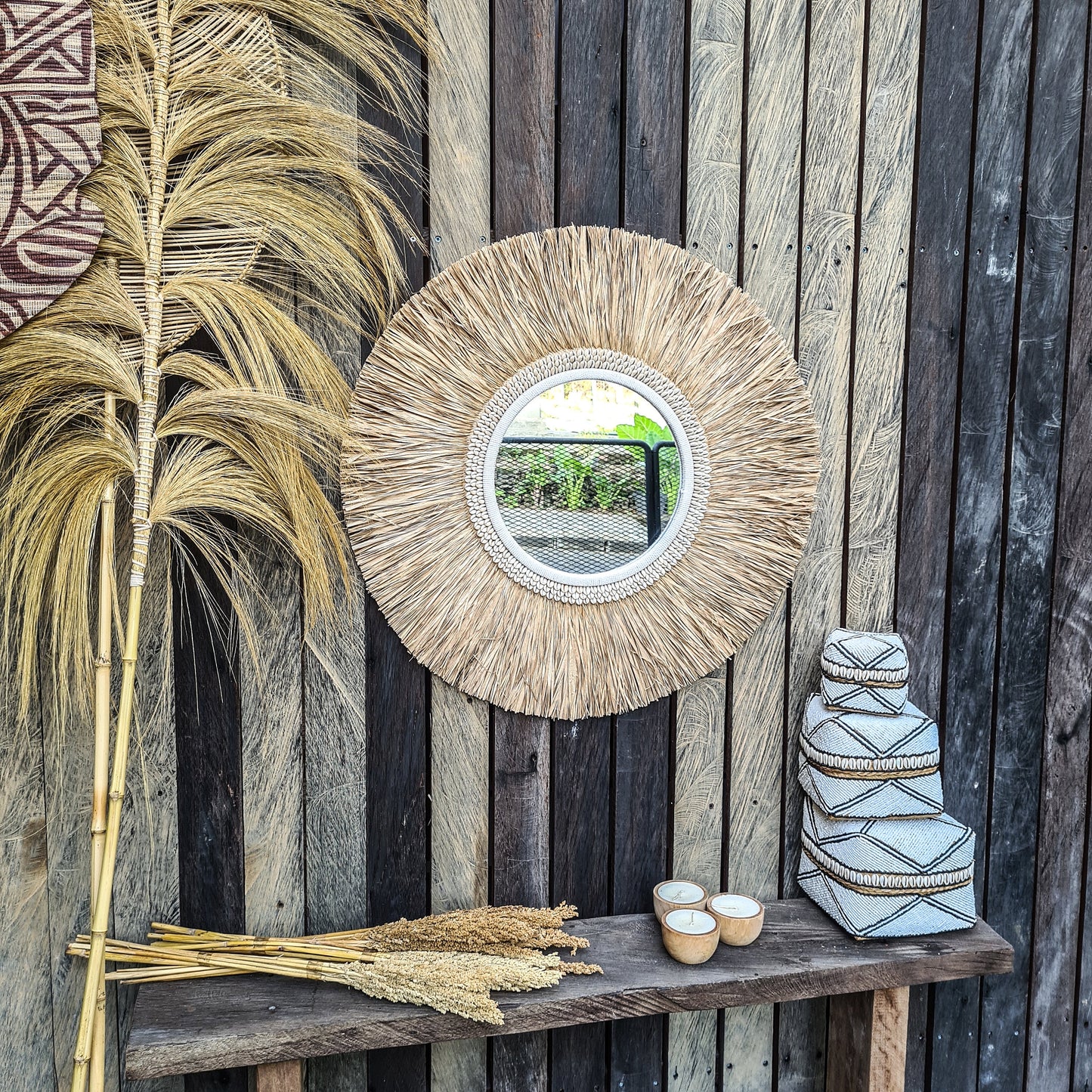 Tropical mirror 70cm boho decoration made from palm and shells bohemian mirror wall decor wall hangings feather decor
